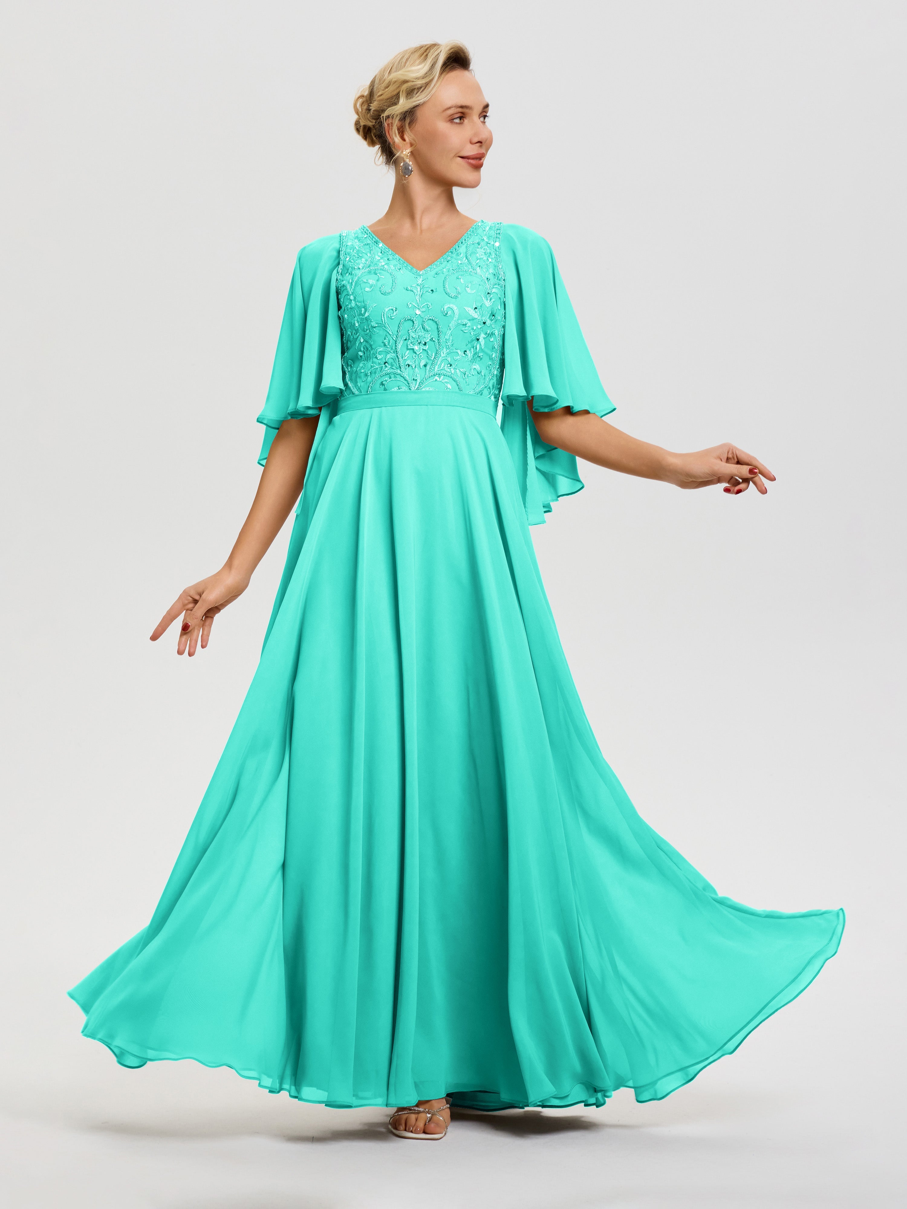 Robe Mère Mariée Moderne Spa Col V Mousseline & Dentelle Robe Mère De Mariée Manches À Volants