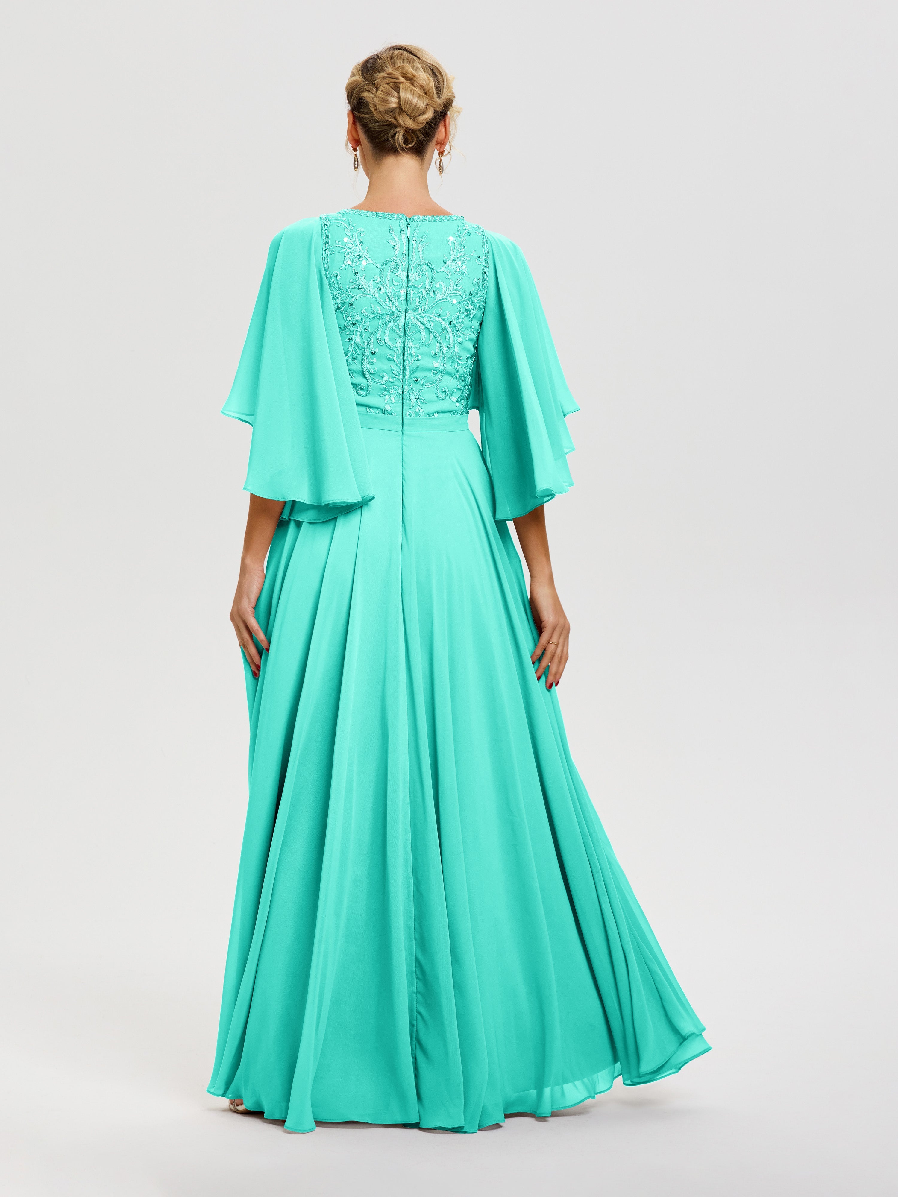 Robe Mère Mariée Moderne Spa Col V Mousseline & Dentelle Robe Mère De Mariée Manches À Volants