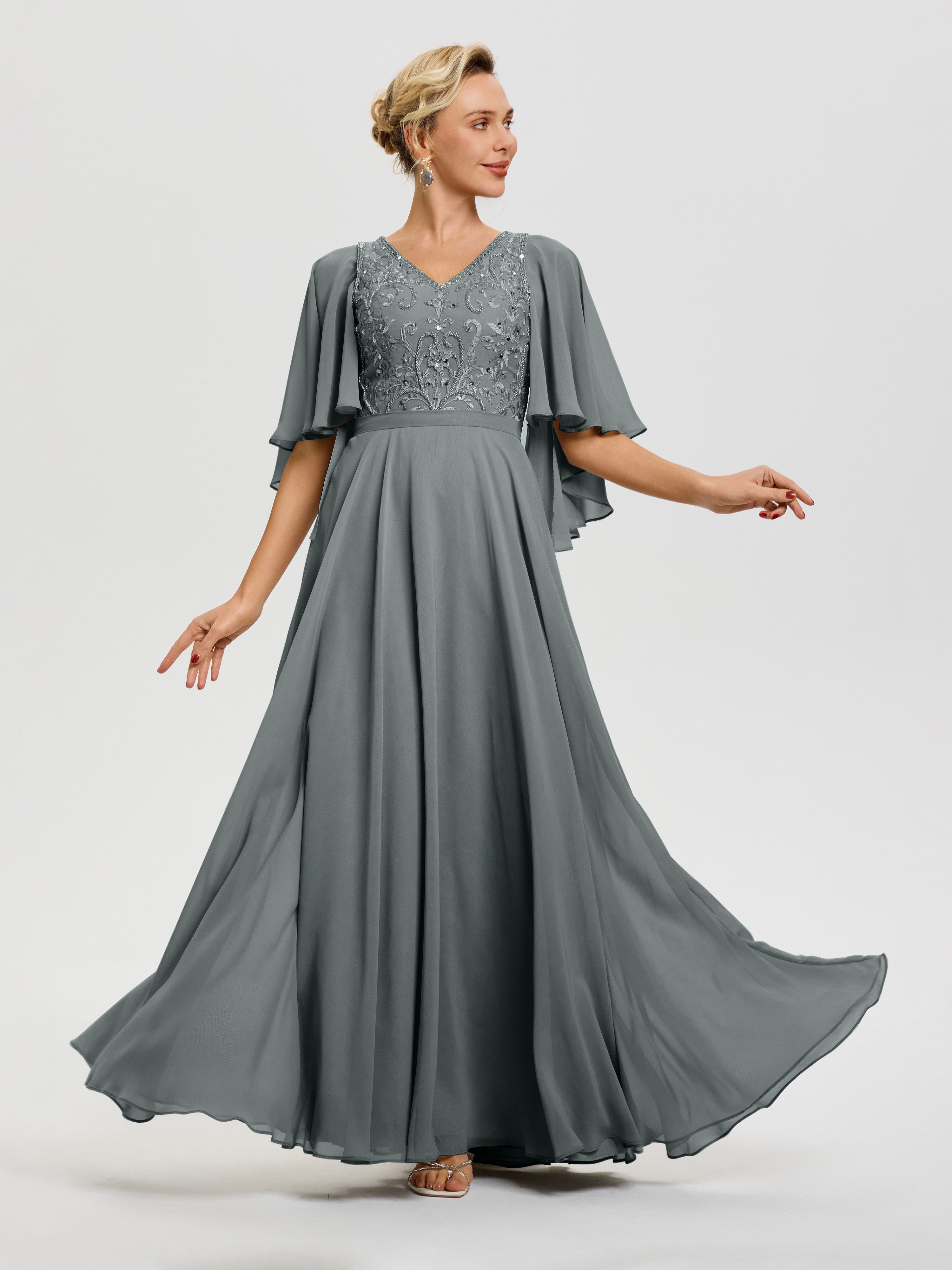 Robe Mère De Mariée Gris Acier Col V Mousseline & Dentelle Robe Mère De Mariée Manches À Volants