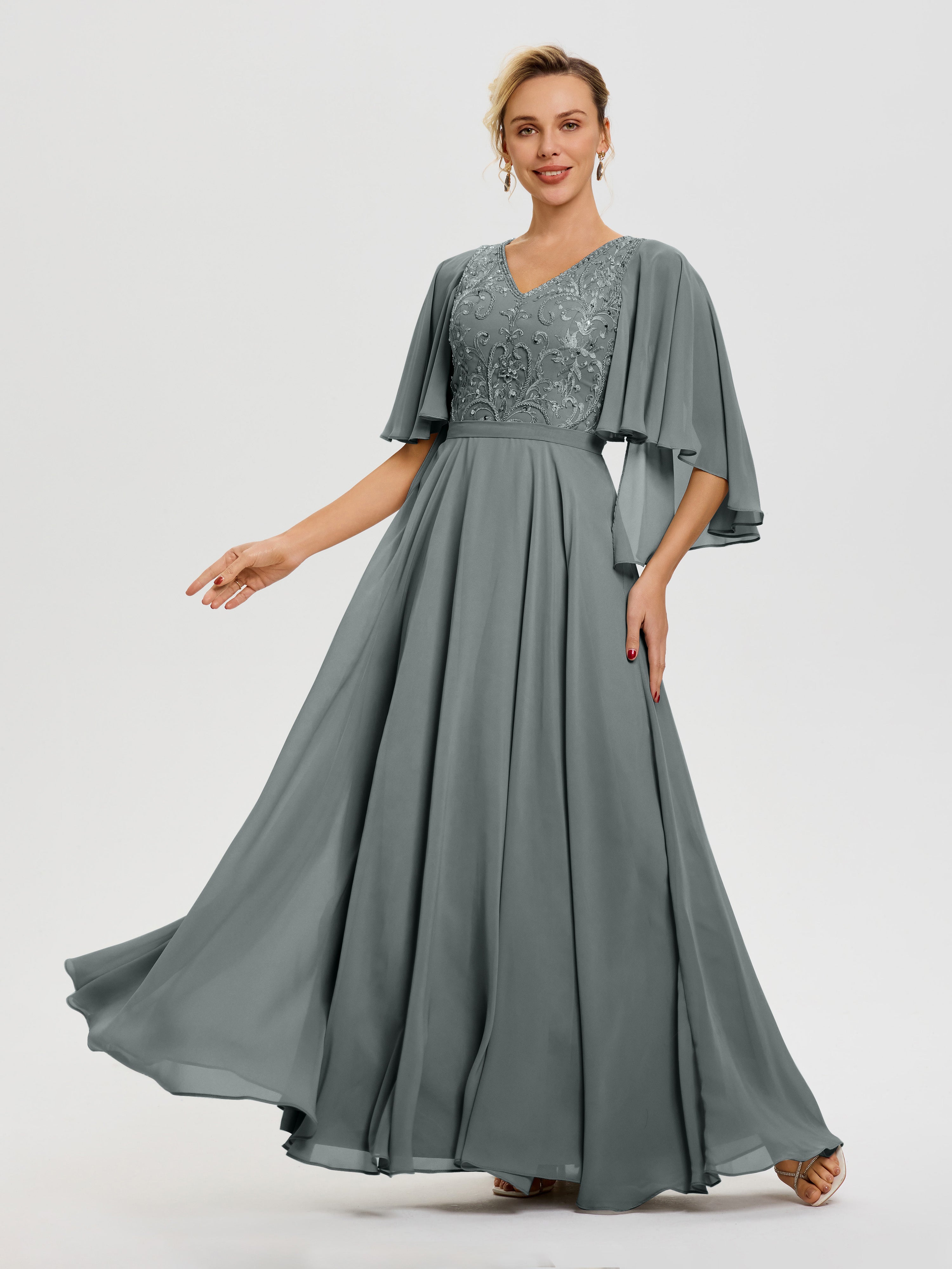 Robe Mère De Mariée Gris Acier Col V Mousseline & Dentelle Robe Mère De Mariée Manches À Volants