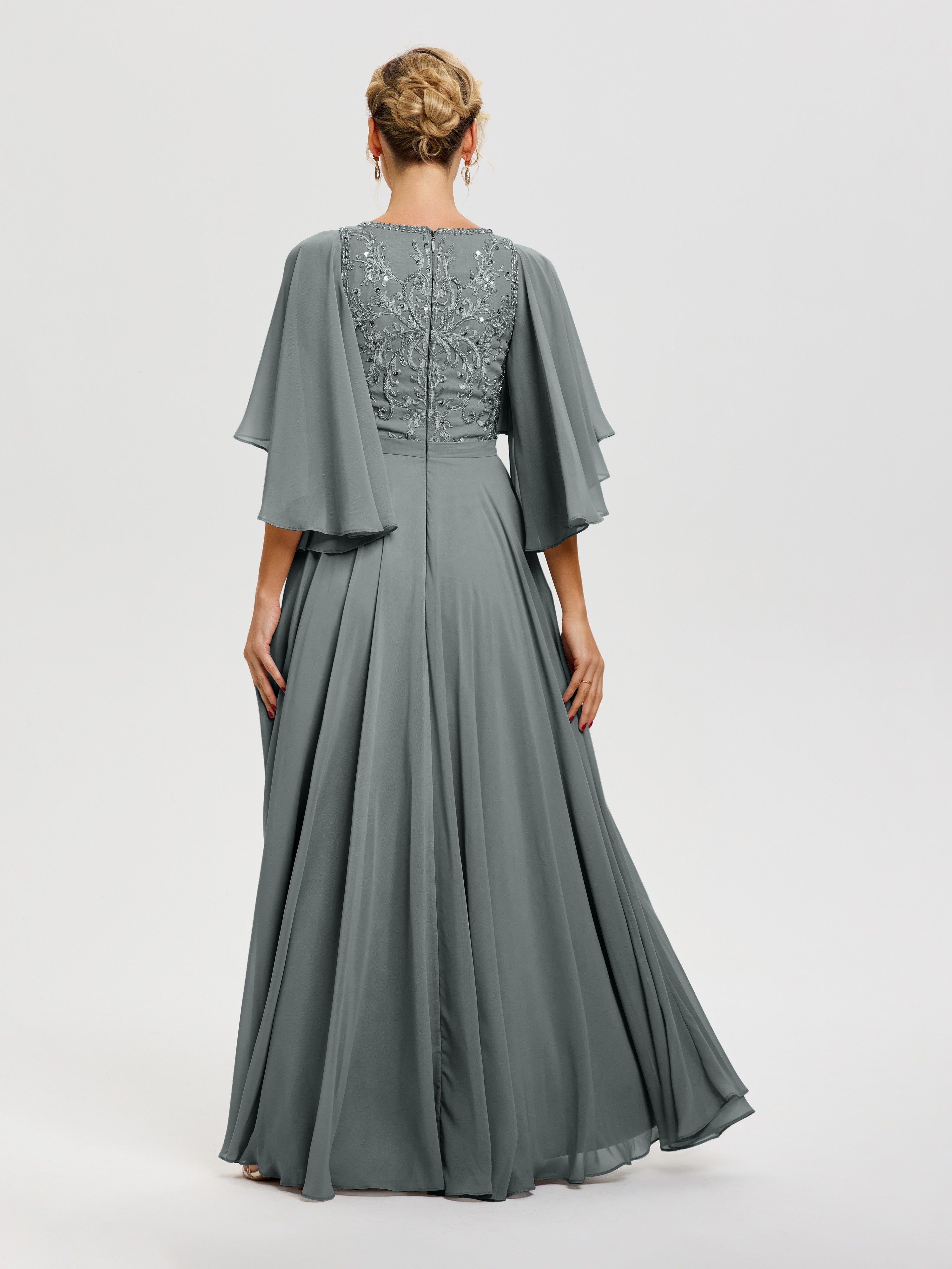 Robe Mère De Mariée Gris Acier Col V Mousseline & Dentelle Robe Mère De Mariée Manches À Volants