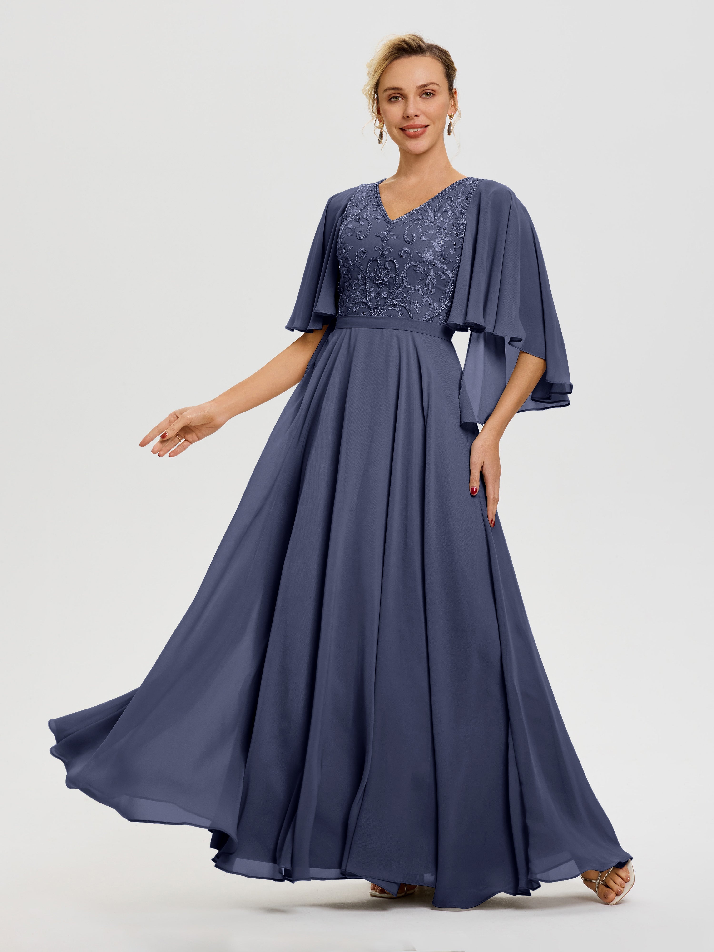 Robe Mère De Mariée Orageux Col V Mousseline & Dentelle Robe Mère De Mariée Manches À Volants