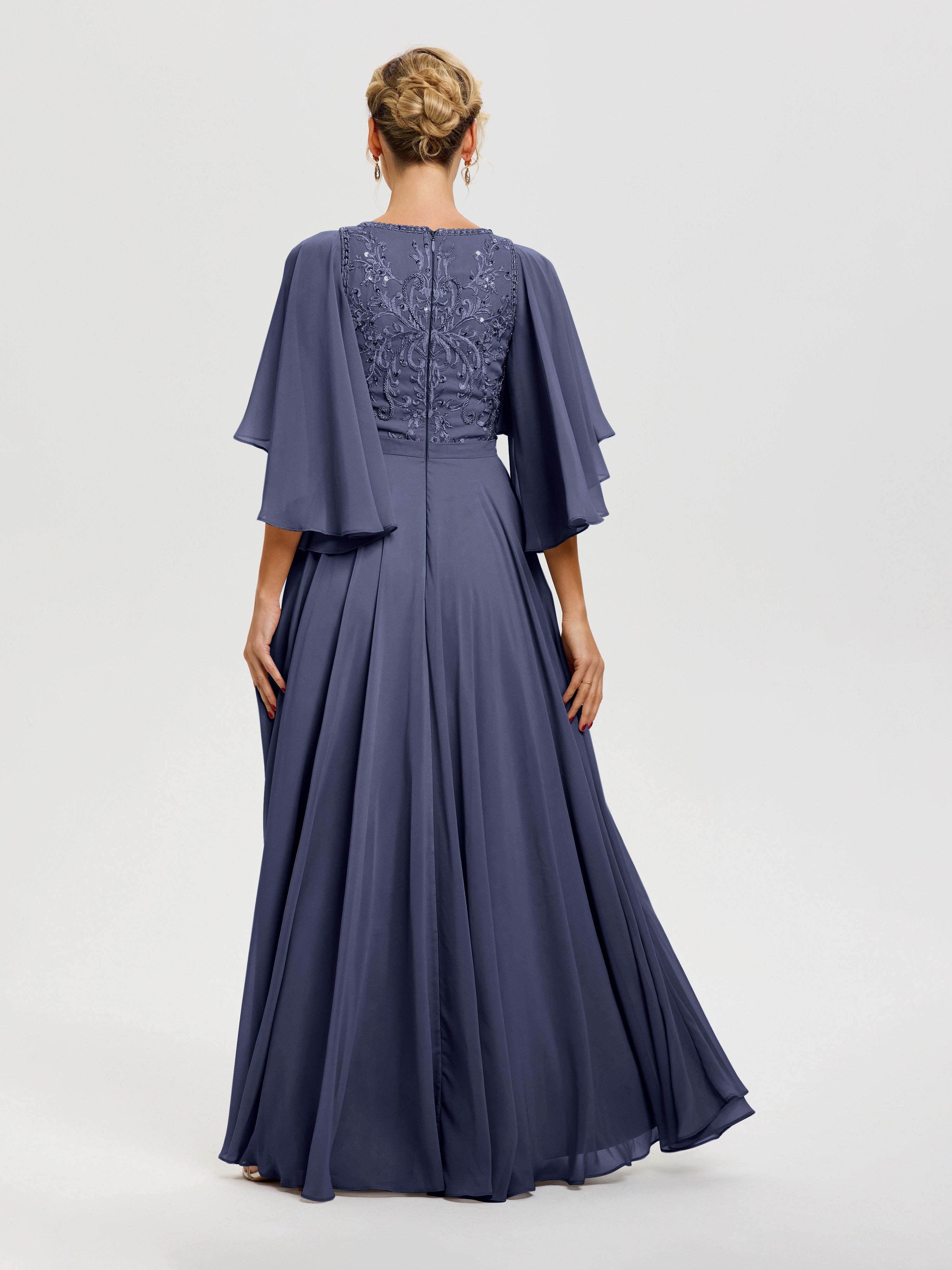 Robe Mère De Mariée Orageux Col V Mousseline & Dentelle Robe Mère De Mariée Manches À Volants