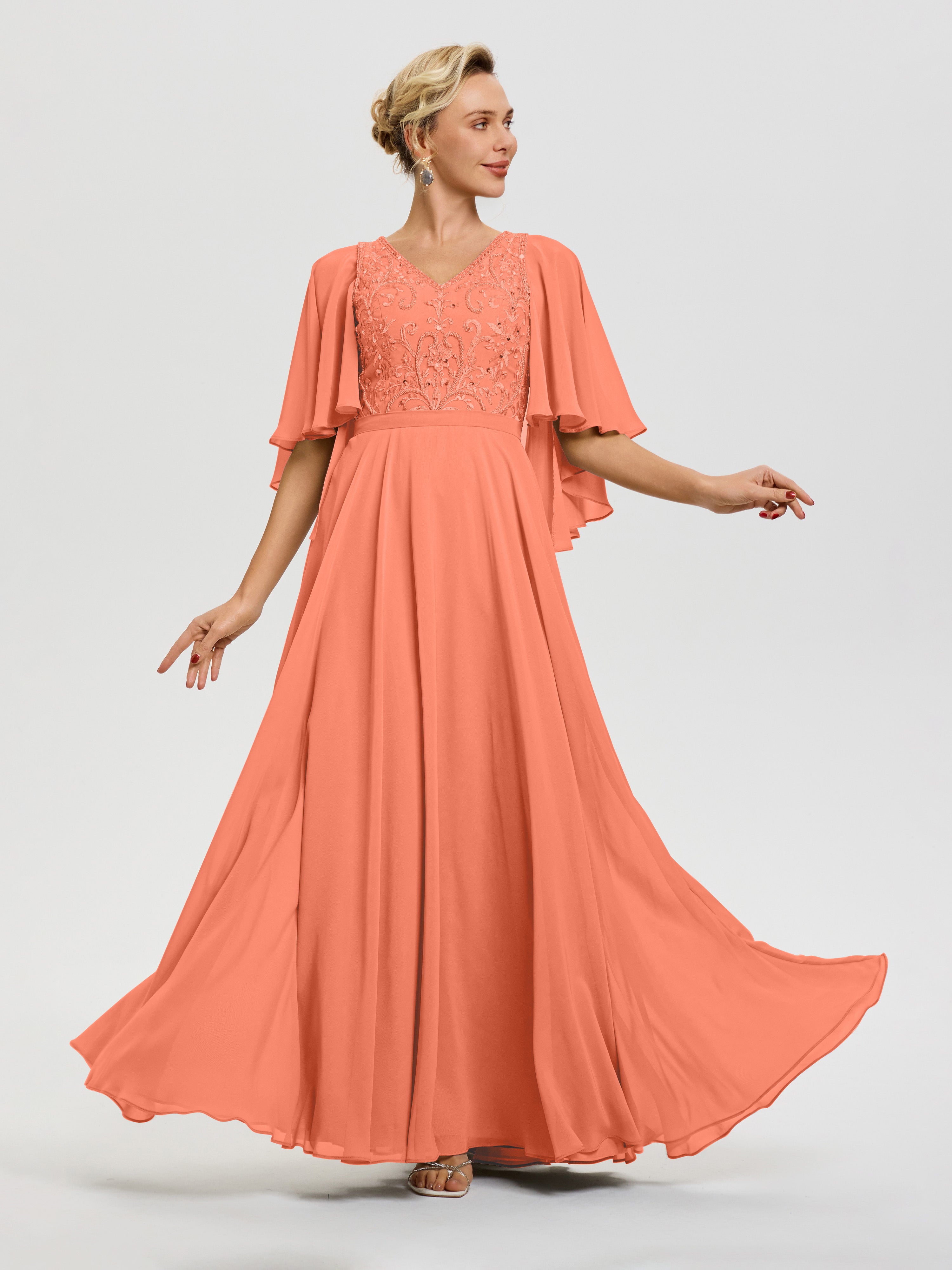 Robe Mère De Mariée Coucher De Soleil Col V Mousseline & Dentelle Robe Mère De Mariée Manches À Volants