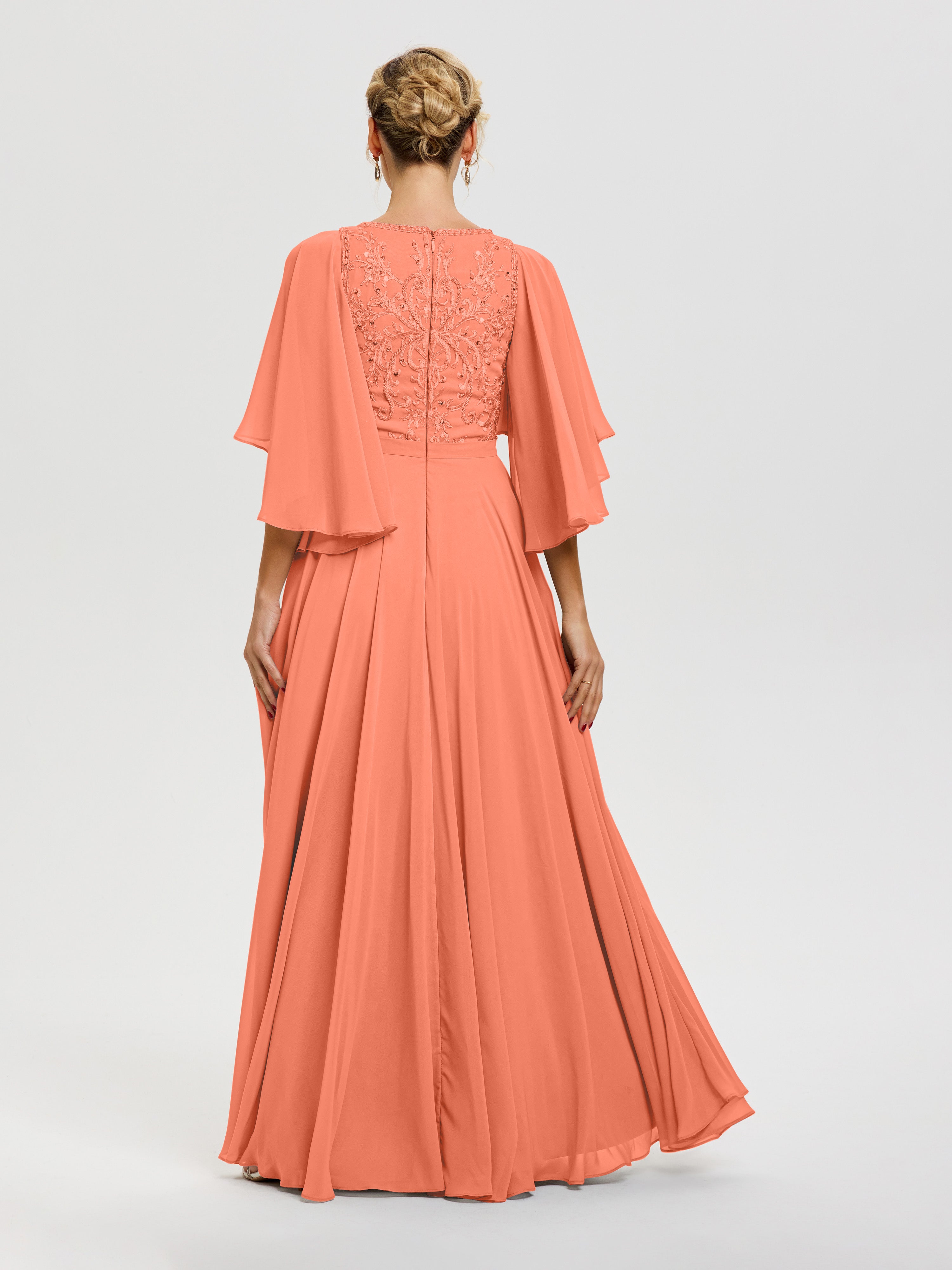 Robe Mère De Mariée Coucher De Soleil Col V Mousseline & Dentelle Robe Mère De Mariée Manches À Volants