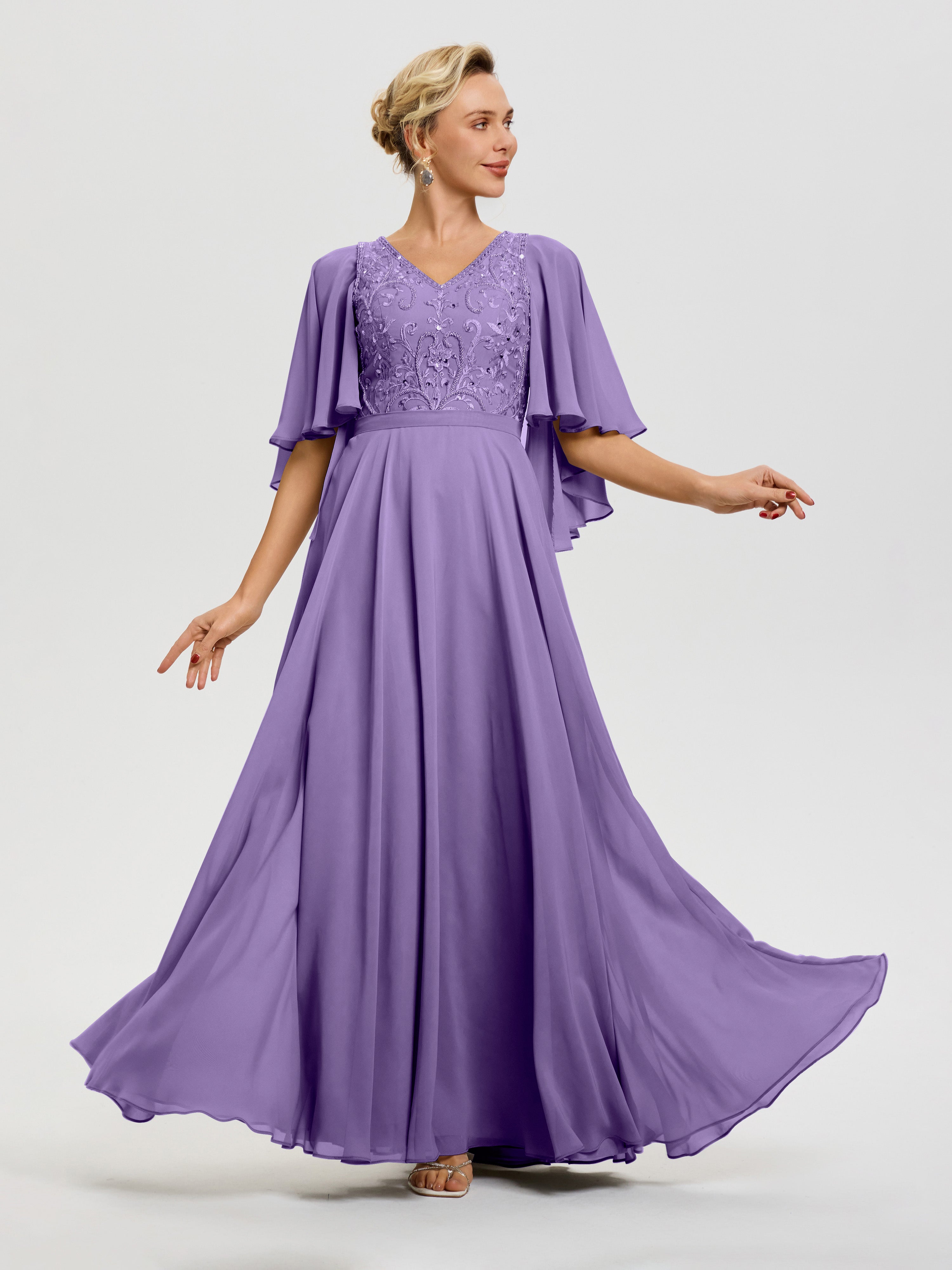 Robes Mères De La Mariée Tahiti Col V Mousseline & Dentelle Robe Mère De Mariée Manches À Volants