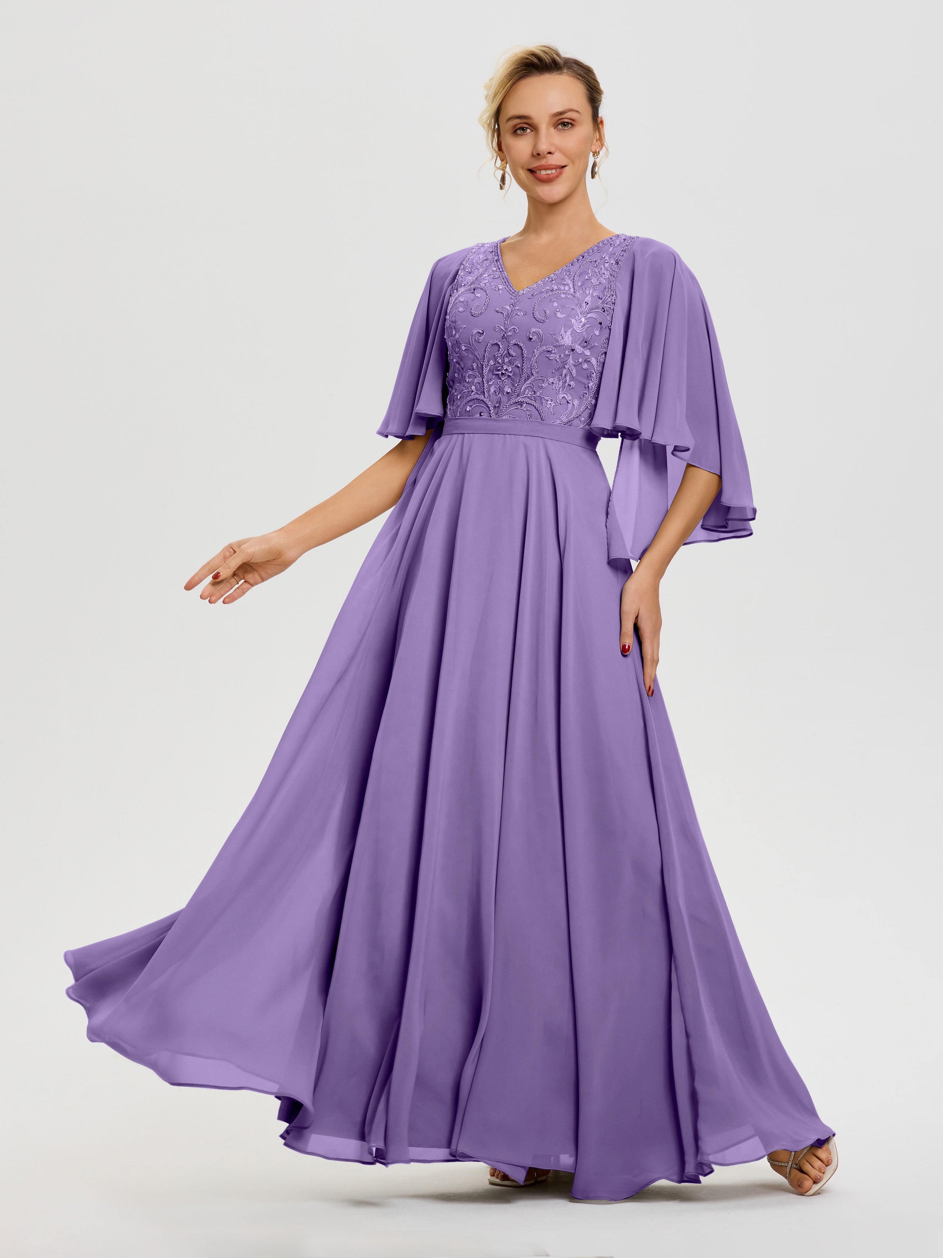 Robes Mères De La Mariée Tahiti Col V Mousseline & Dentelle Robe Mère De Mariée Manches À Volants
