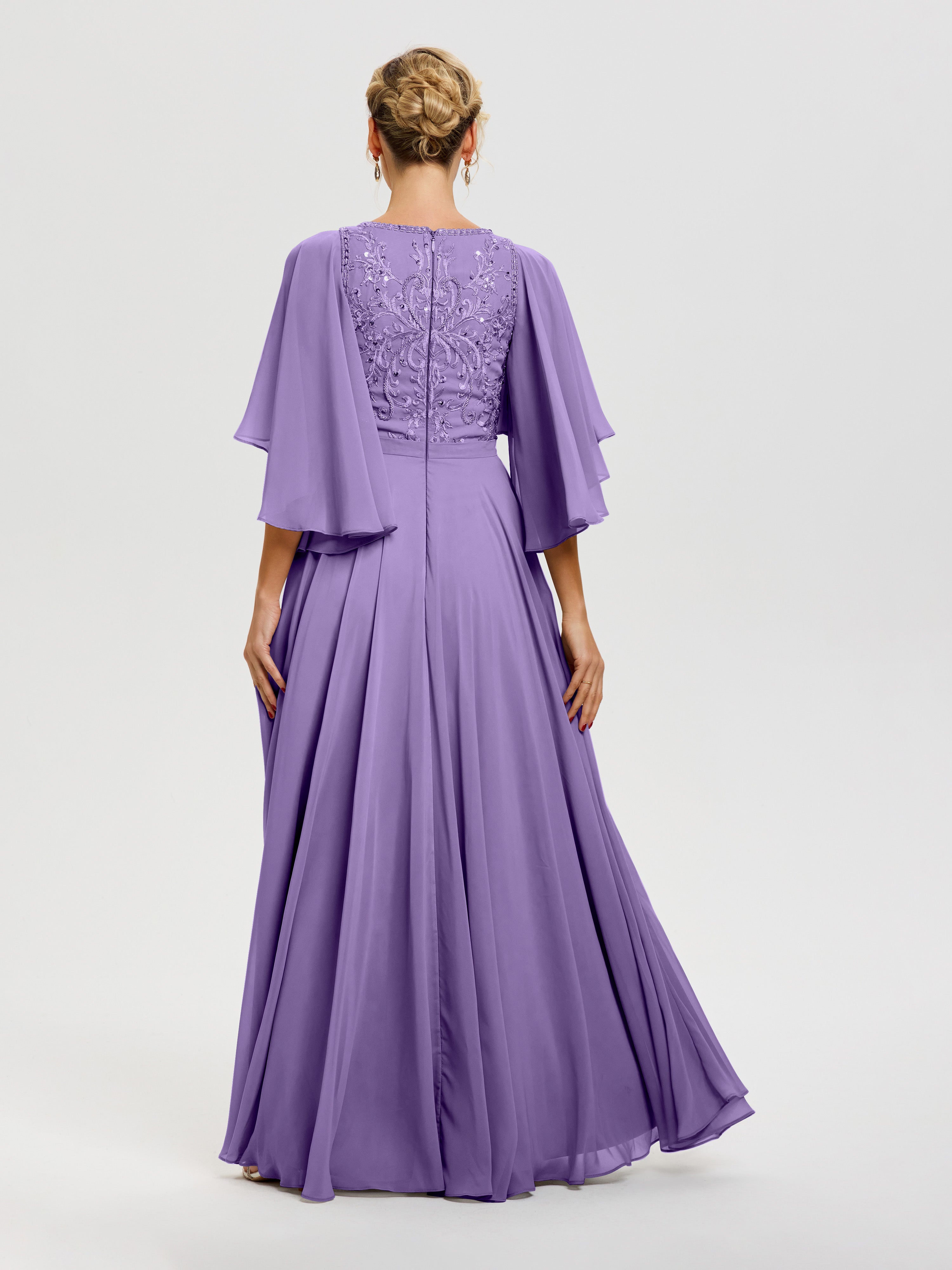 Robes Mères De La Mariée Tahiti Col V Mousseline & Dentelle Robe Mère De Mariée Manches À Volants