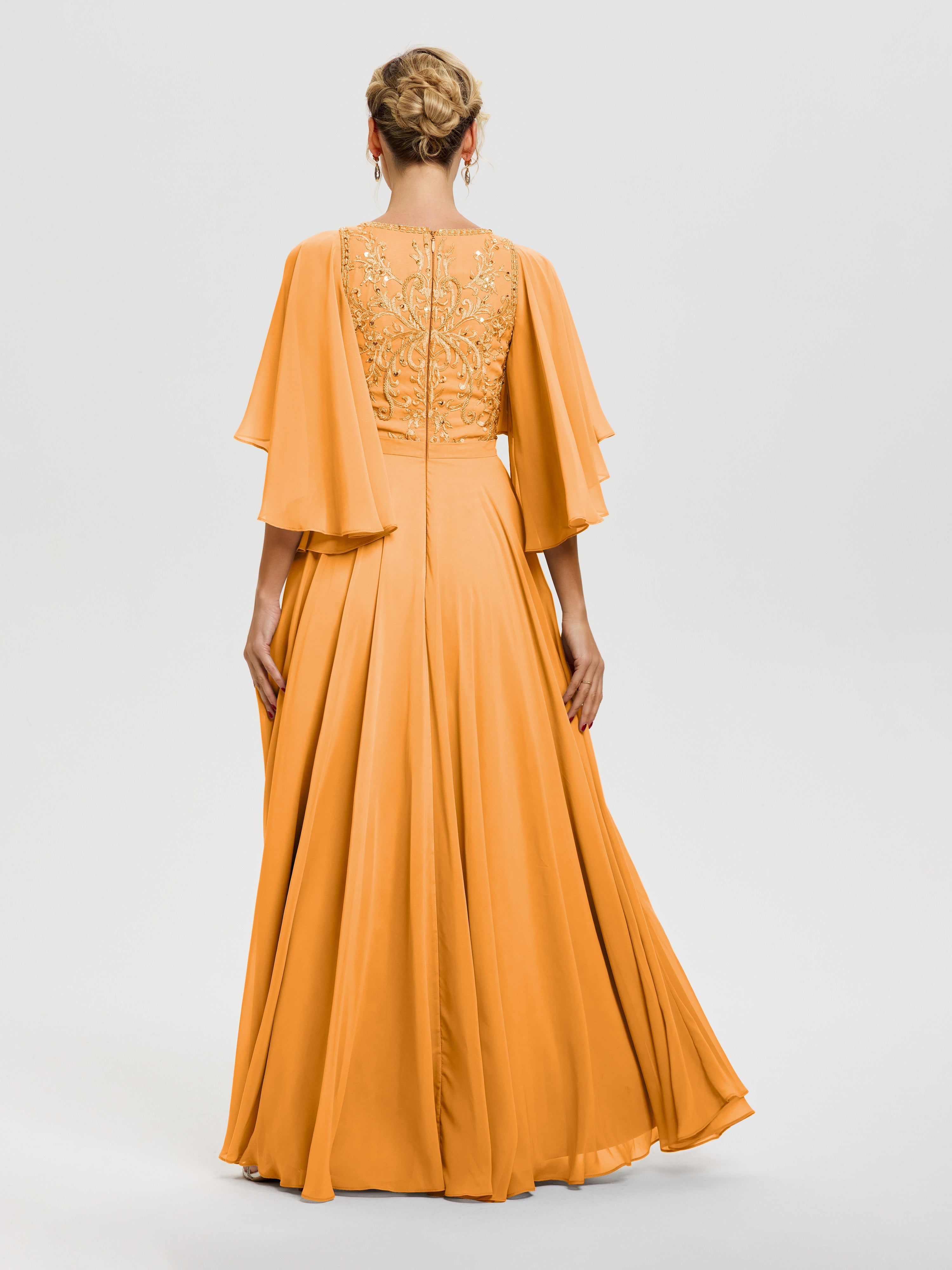 Robe Mère De Mariée Mandarine Col V Mousseline & Dentelle Robe Mère De Mariée Manches À Volants