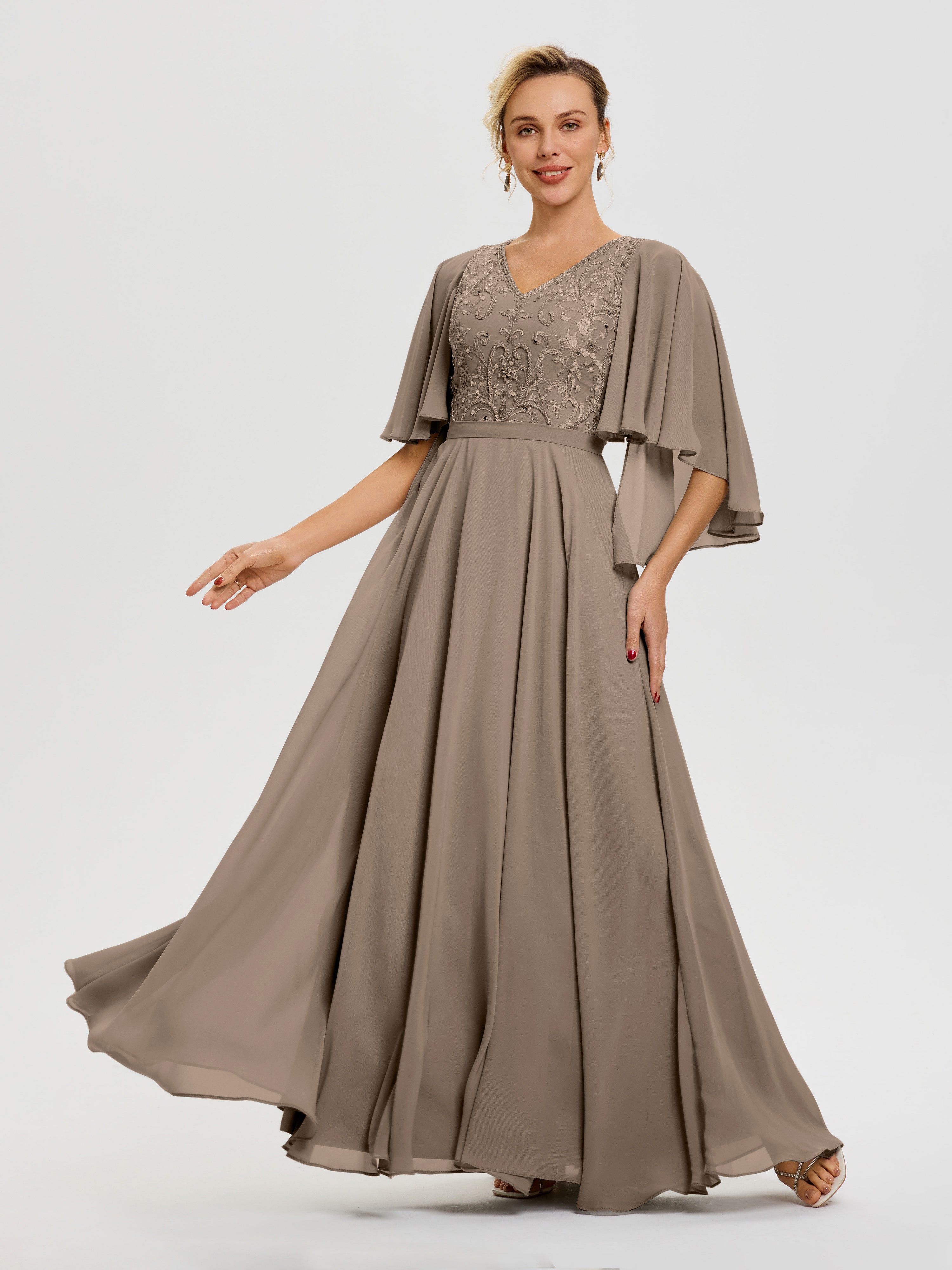 Robe Mère Mariée Moderne Taupe Col V Mousseline & Dentelle Robe Mère De Mariée Manches À Volants