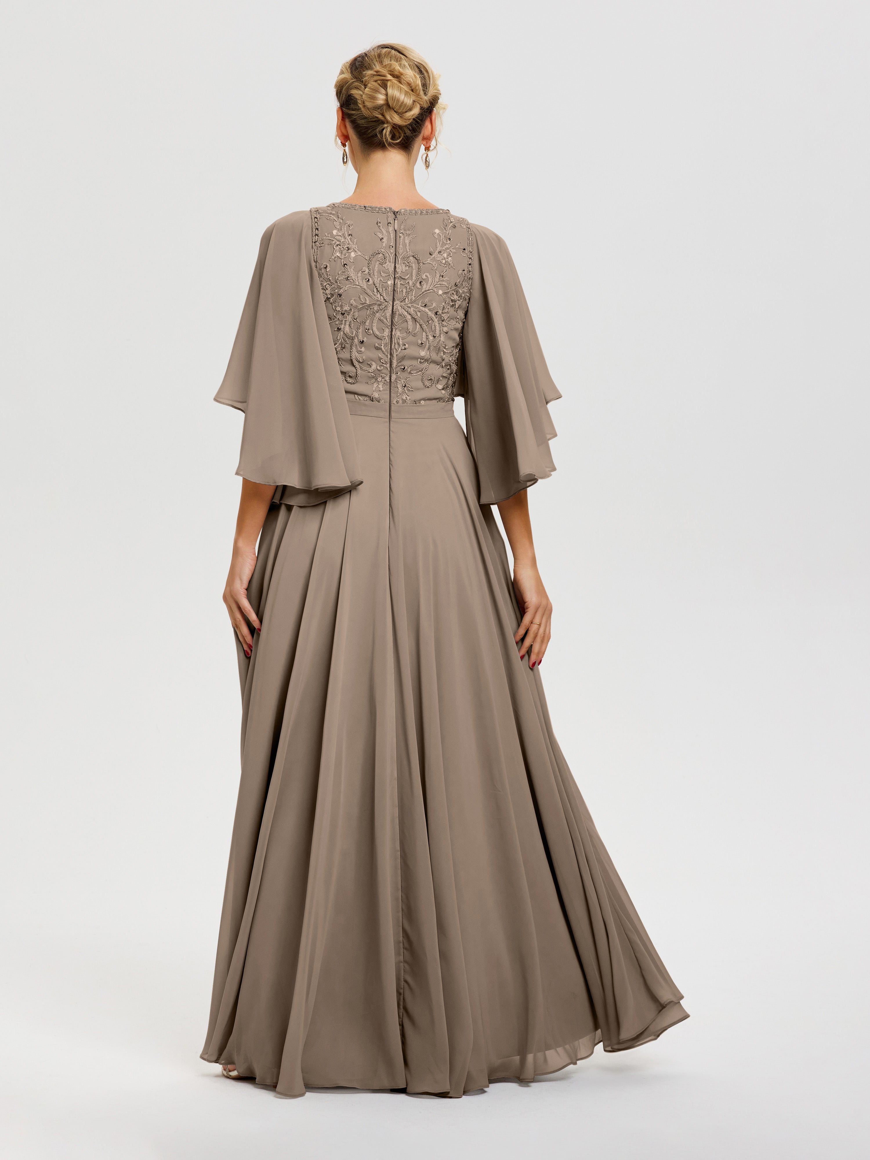 Robe Mère Mariée Moderne Taupe Col V Mousseline & Dentelle Robe Mère De Mariée Manches À Volants