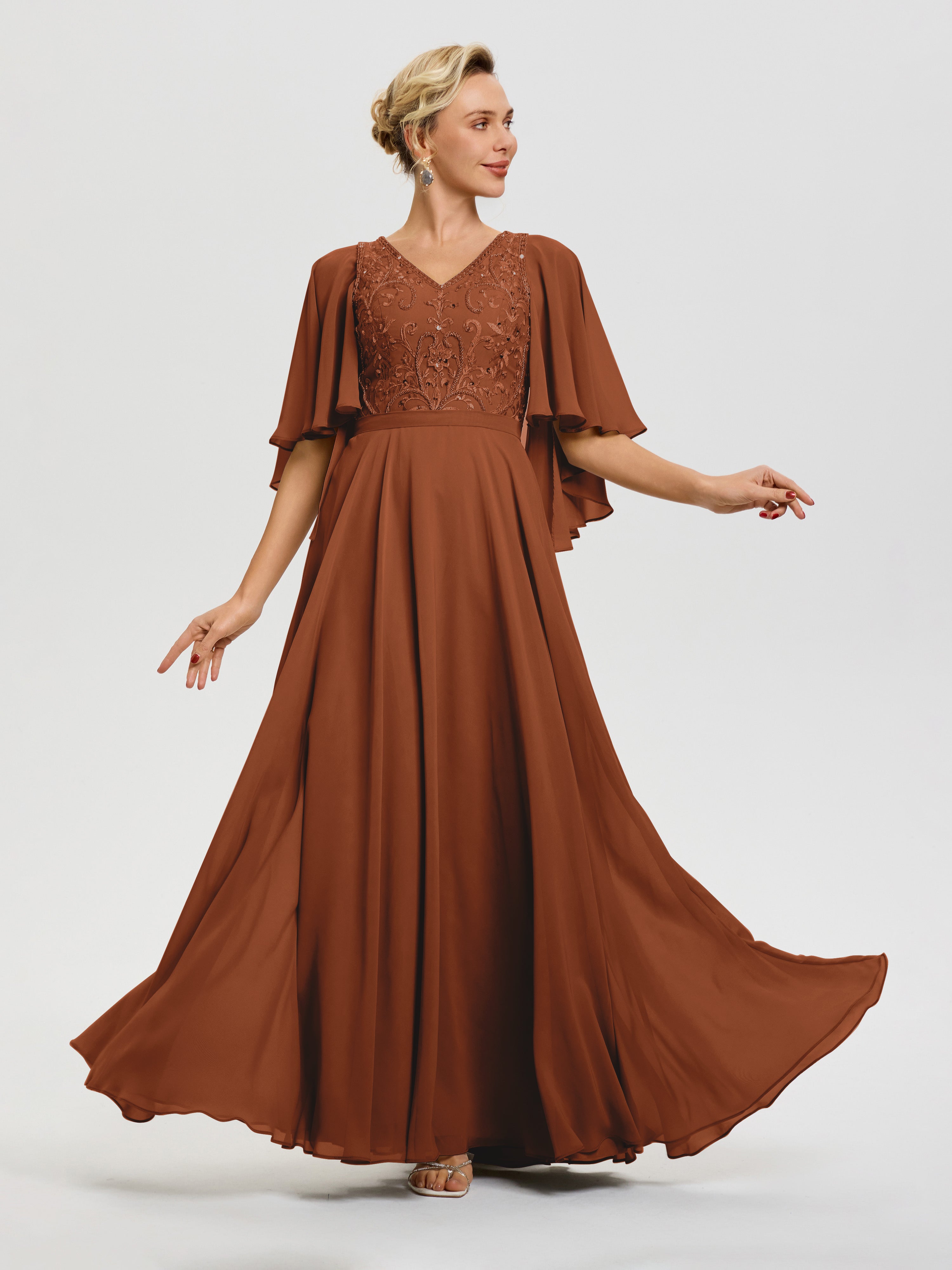 Robe Mere De La Mariee Terracotta Col V Mousseline & Dentelle Robe Mère De Mariée Manches À Volants