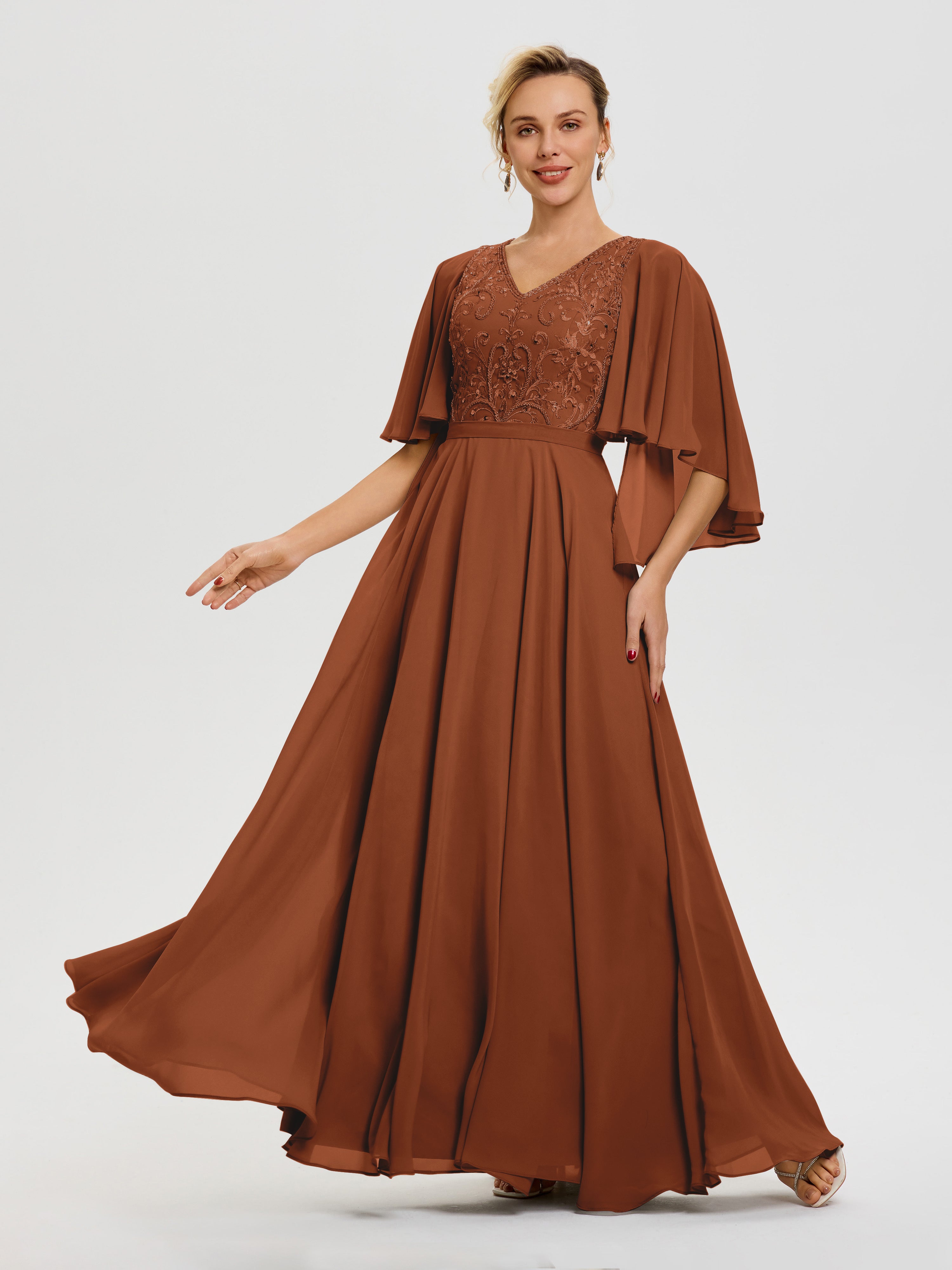 Robe Mere De La Mariee Terracotta Col V Mousseline & Dentelle Robe Mère De Mariée Manches À Volants