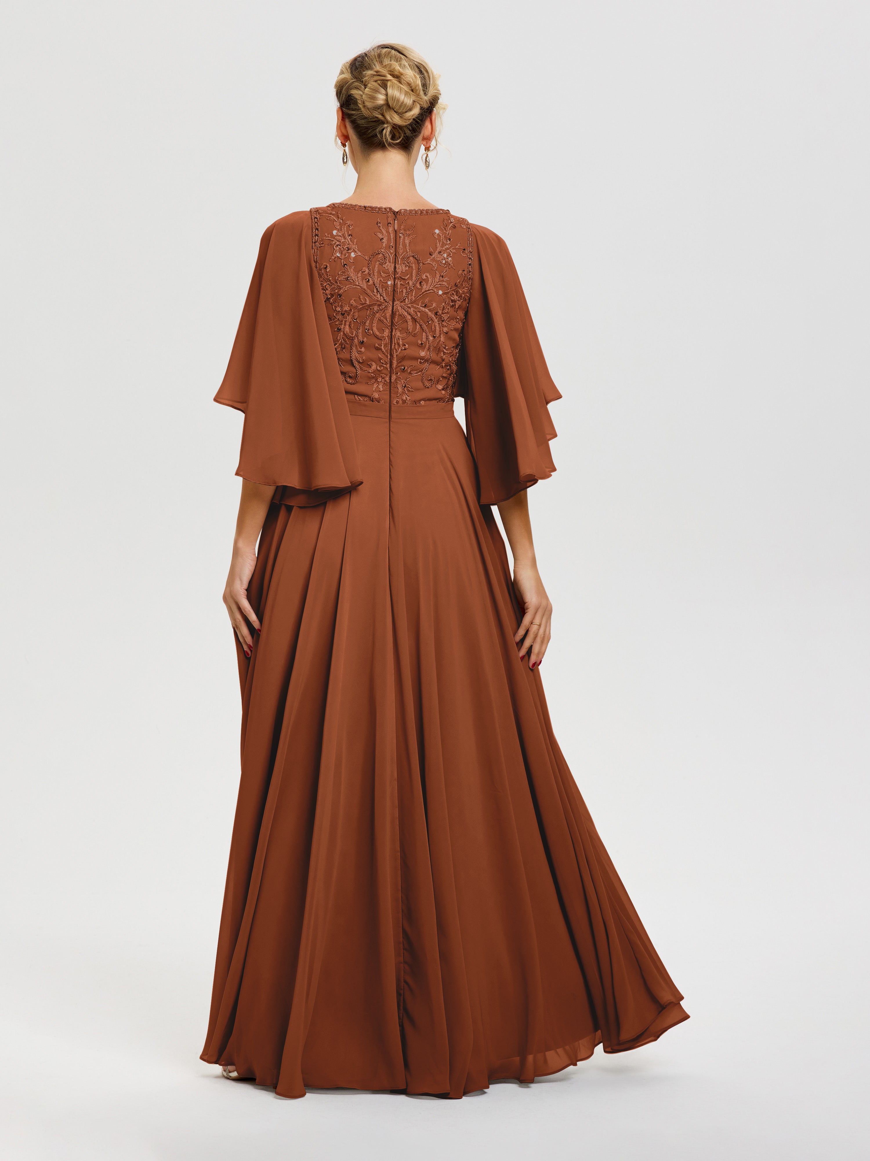 Robe Mere De La Mariee Terracotta Col V Mousseline & Dentelle Robe Mère De Mariée Manches À Volants