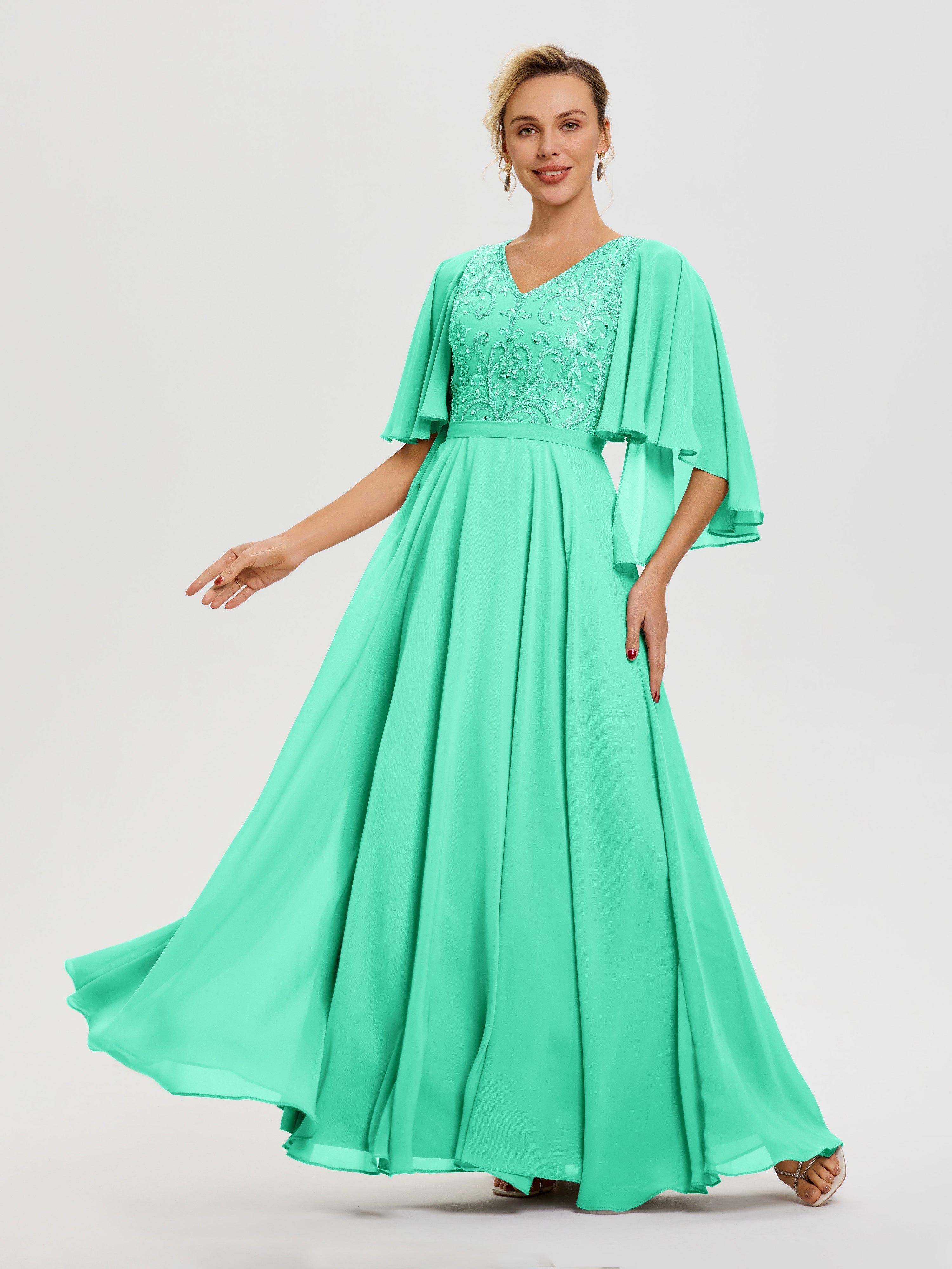 Robes Mères De La Mariée Turquoise Col V Mousseline & Dentelle Robe Mère De Mariée Manches À Volants