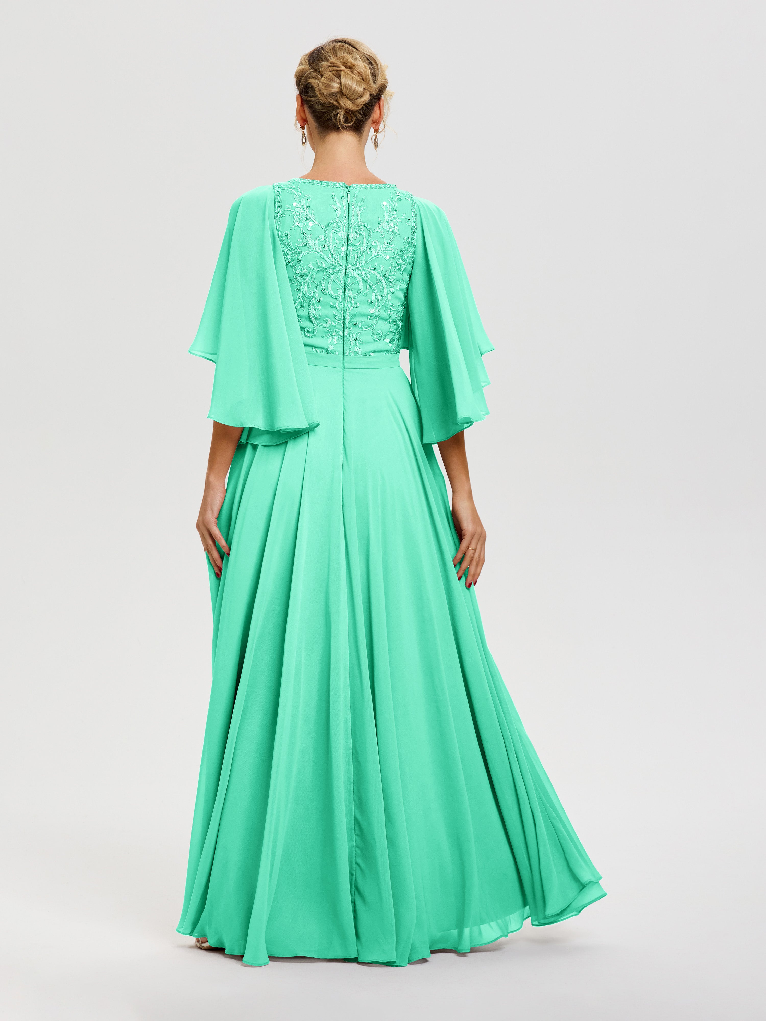 Robes Mères De La Mariée Turquoise Col V Mousseline & Dentelle Robe Mère De Mariée Manches À Volants