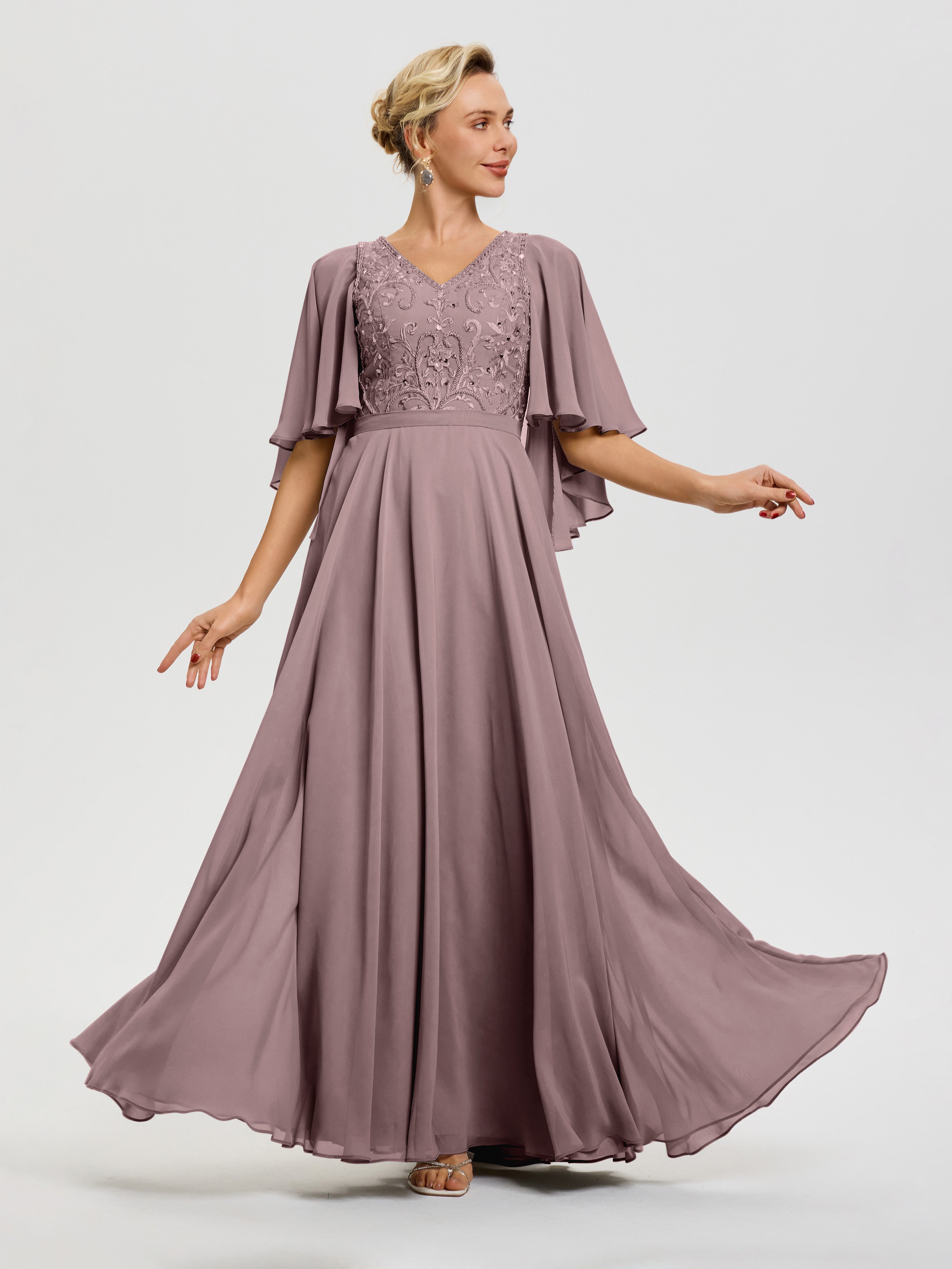 Robes Mères De La Mariée Vintage Mauve Col V Mousseline & Dentelle Robe Mère De Mariée Manches À Volants