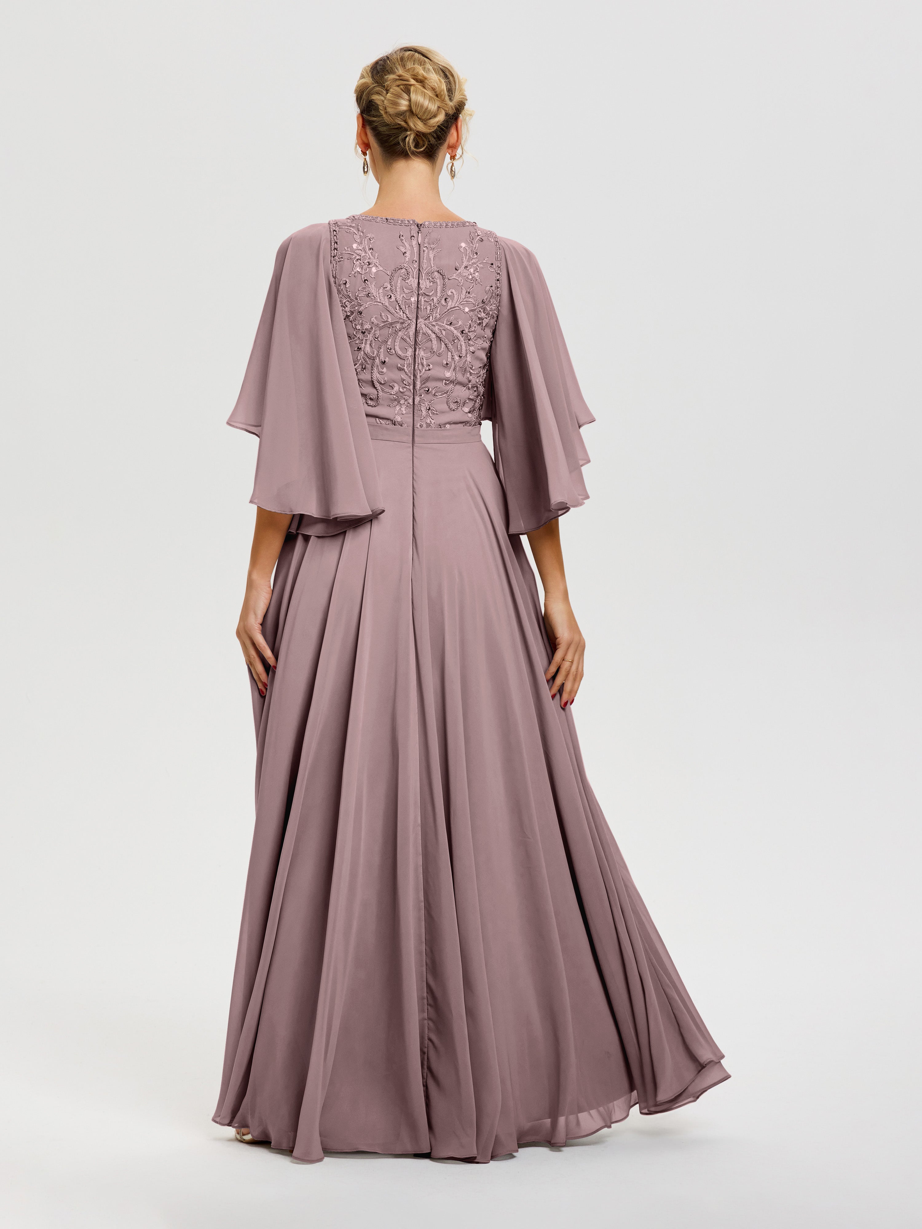 Robes Mères De La Mariée Vintage Mauve Col V Mousseline & Dentelle Robe Mère De Mariée Manches À Volants