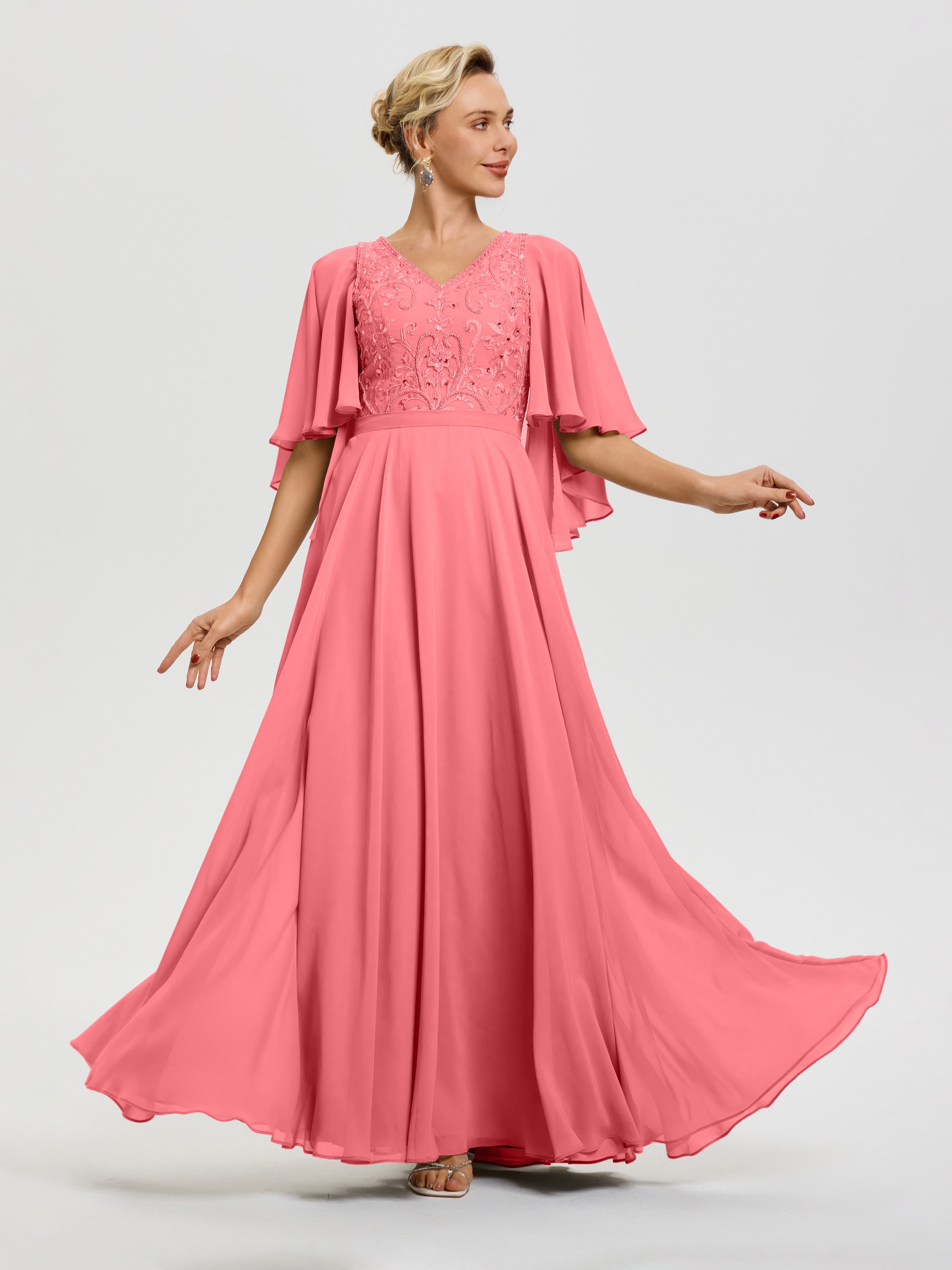 Robe Pour Mère De Mariée Pastèque Col V Mousseline & Dentelle Robe Mère De Mariée Manches À Volants