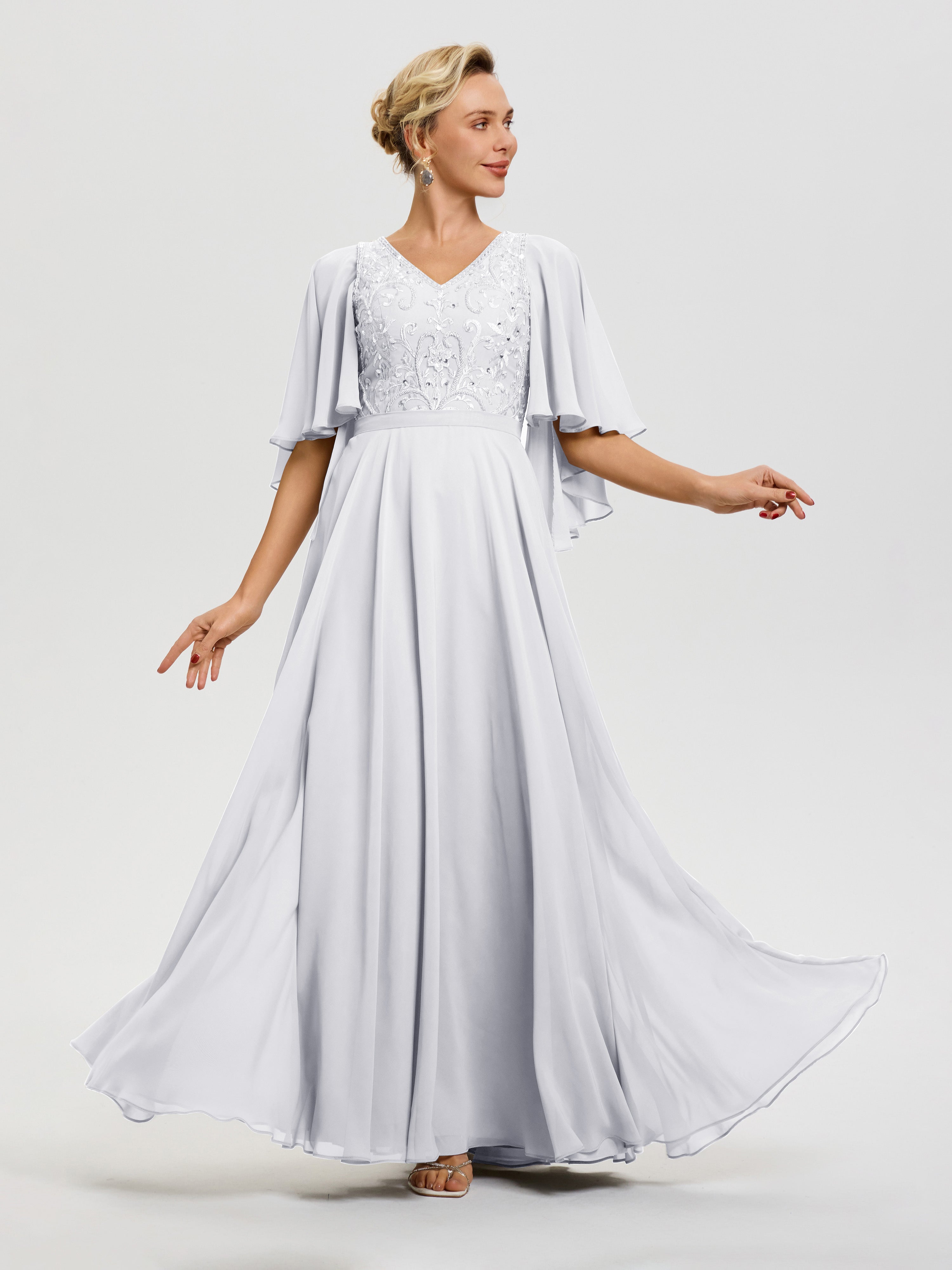 Robe Mère De La Mariée Moderne Blanc Col V Mousseline & Dentelle Robe Mère De Mariée Manches À Volants