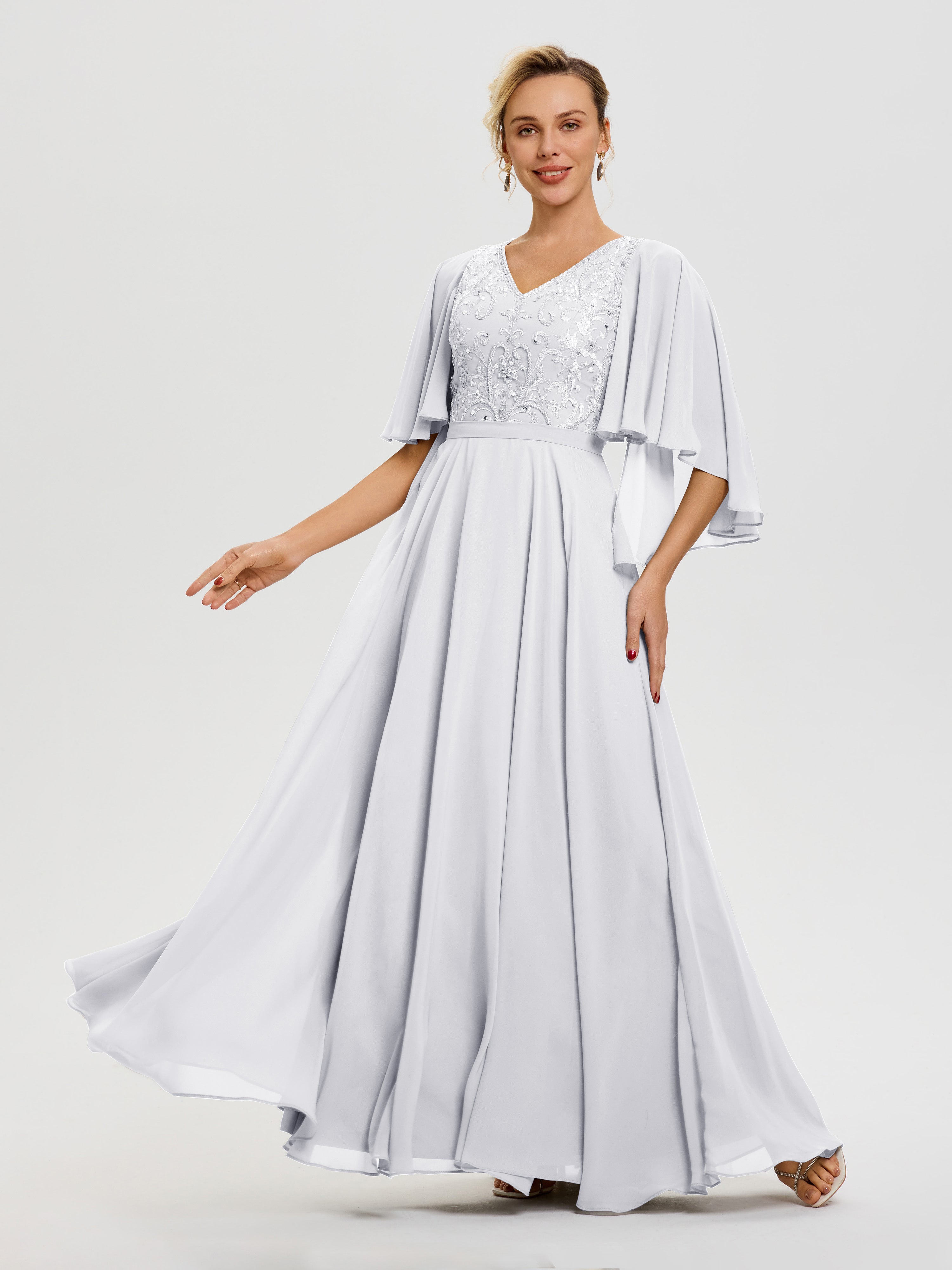 Robe Mère De La Mariée Moderne Blanc Col V Mousseline & Dentelle Robe Mère De Mariée Manches À Volants