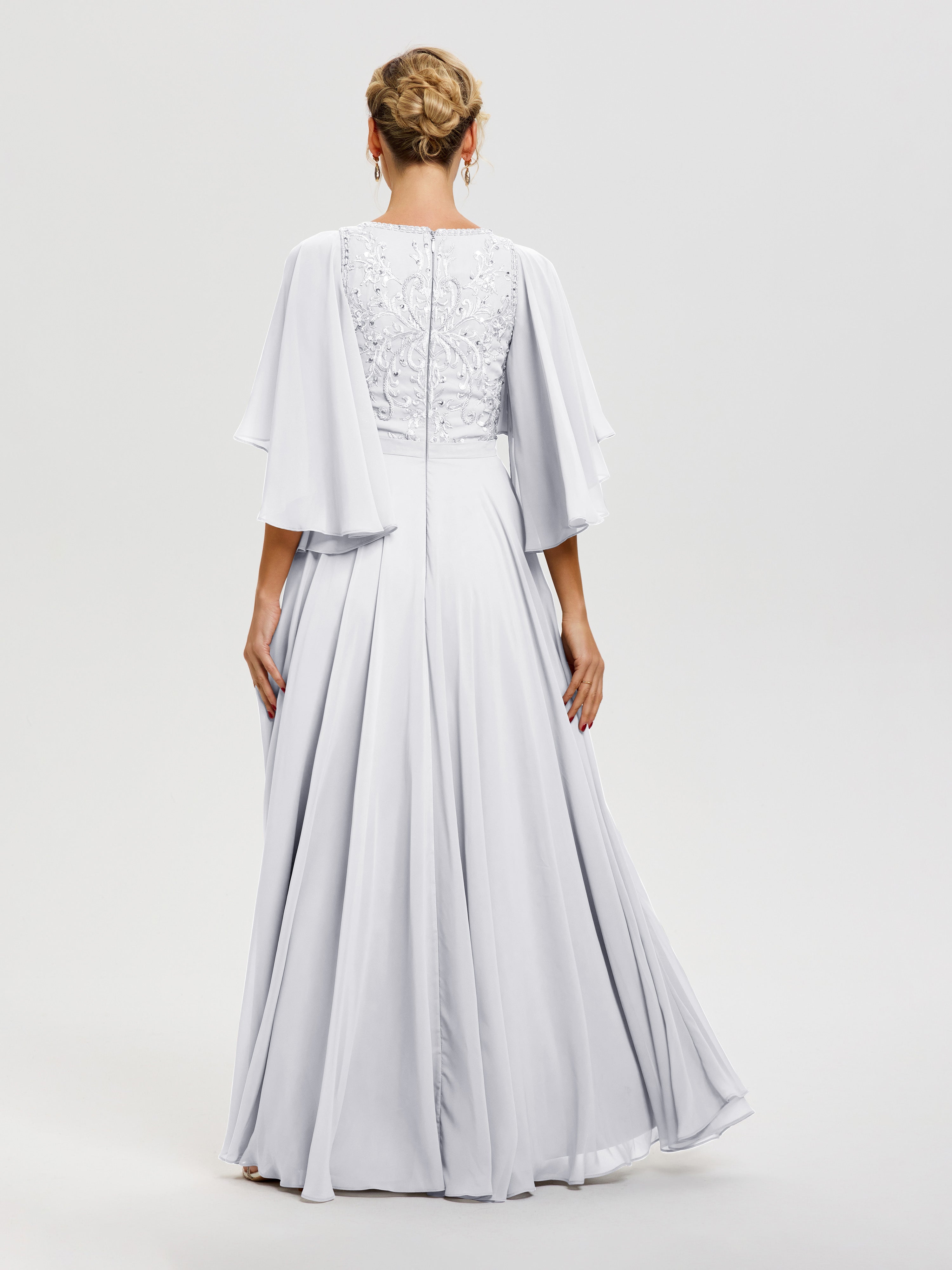 Robe Mère De La Mariée Moderne Blanc Col V Mousseline & Dentelle Robe Mère De Mariée Manches À Volants