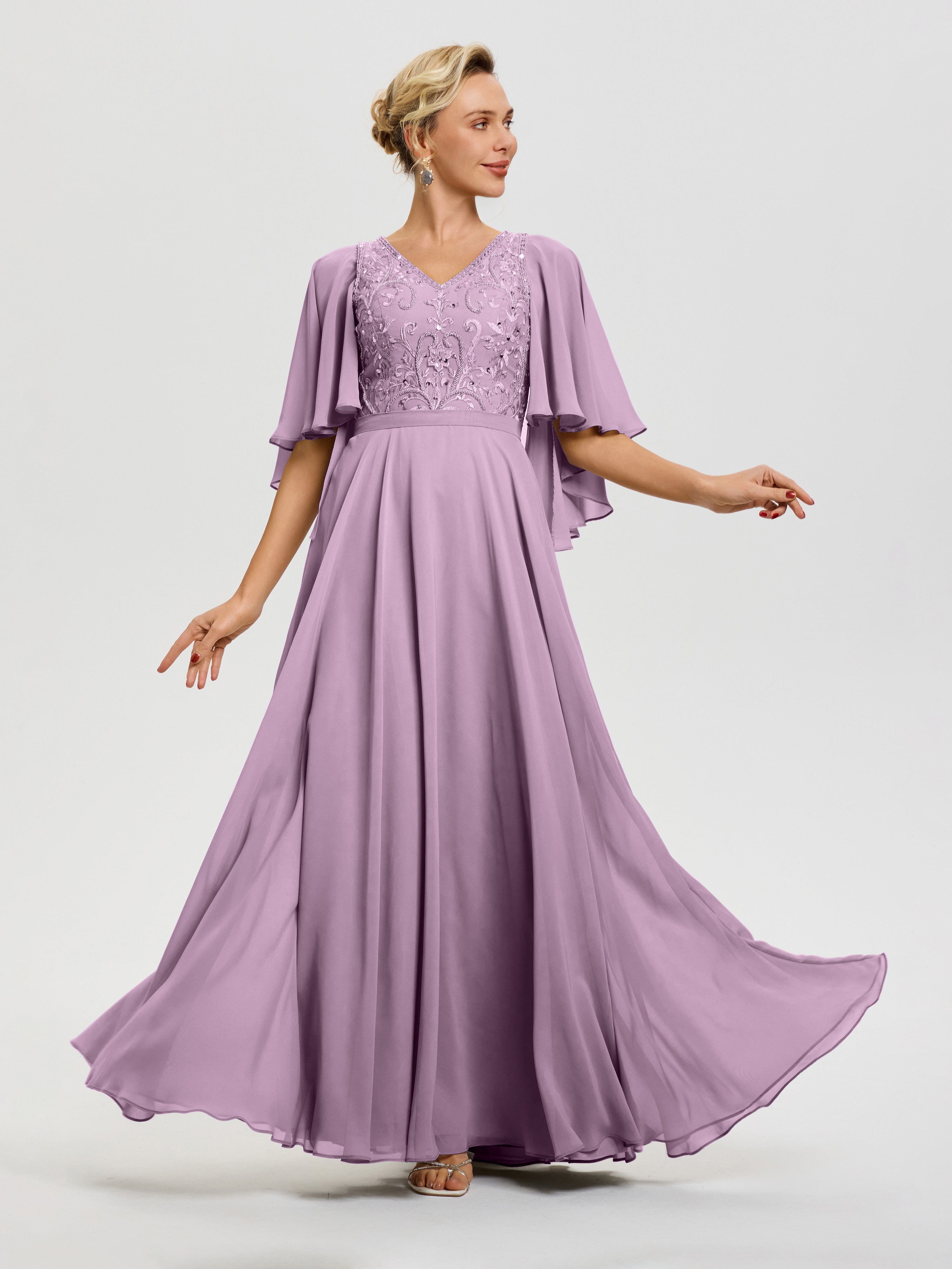 Robe Mariage Mère De La Mariée Glycine Col V Mousseline & Dentelle Robe Mère De Mariée Manches À Volants