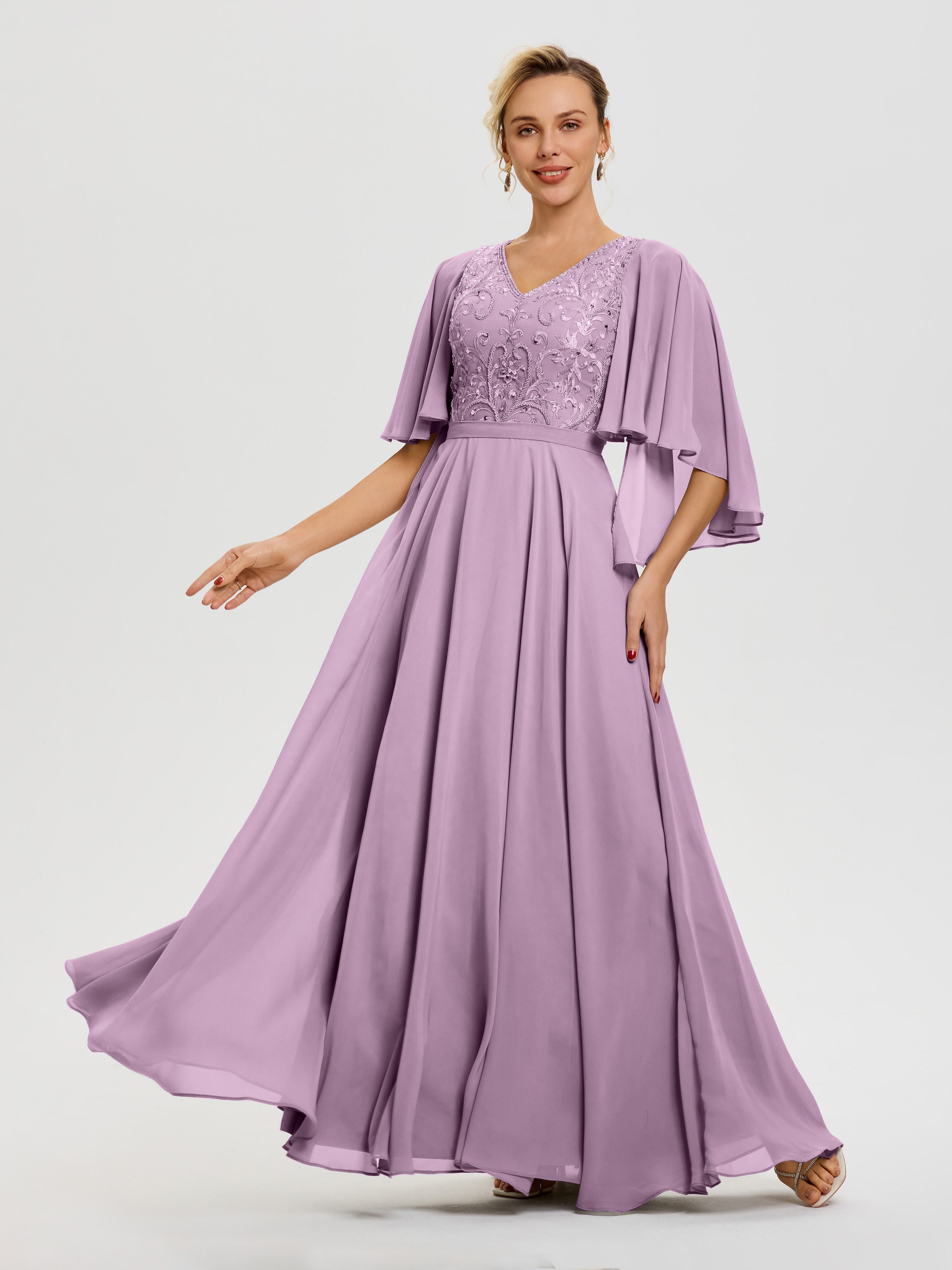 Robe Mariage Mère De La Mariée Glycine Col V Mousseline & Dentelle Robe Mère De Mariée Manches À Volants