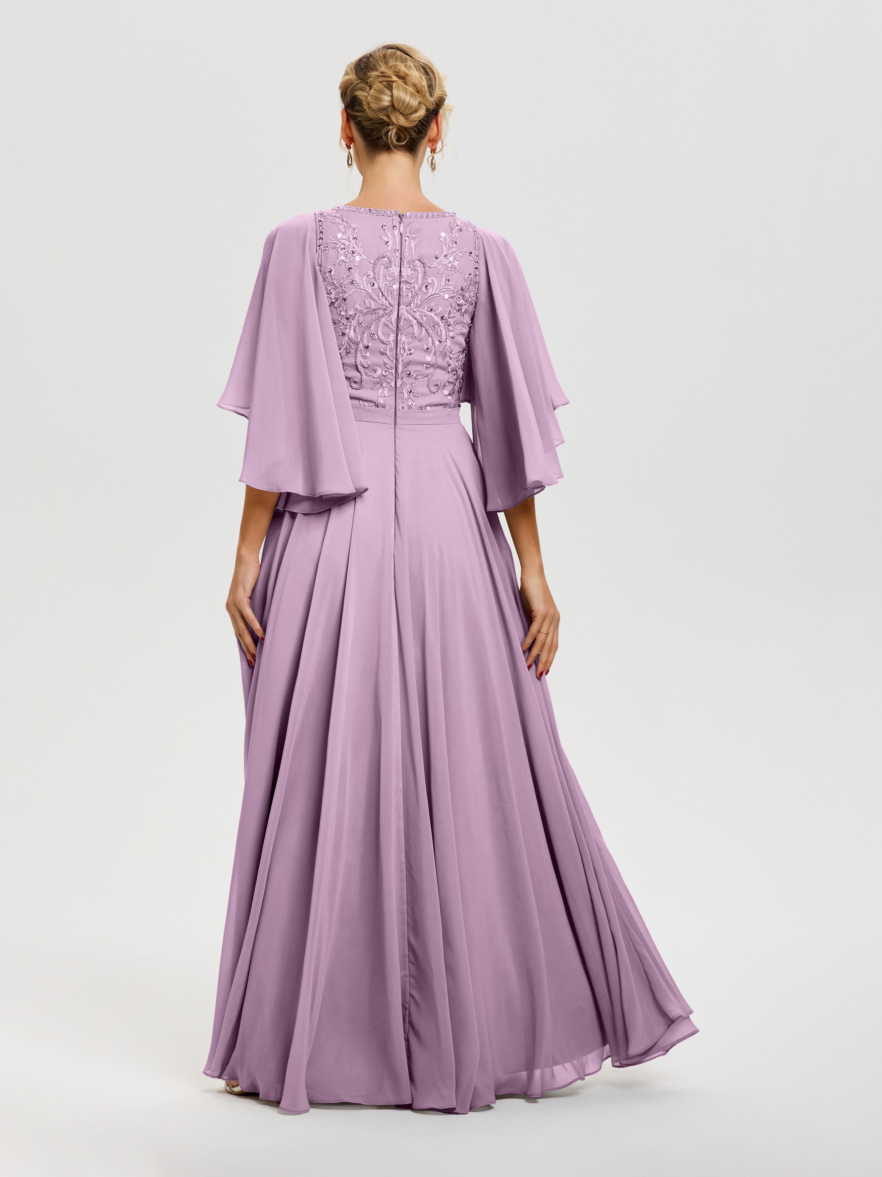 Robe Mariage Mère De La Mariée Glycine Col V Mousseline & Dentelle Robe Mère De Mariée Manches À Volants