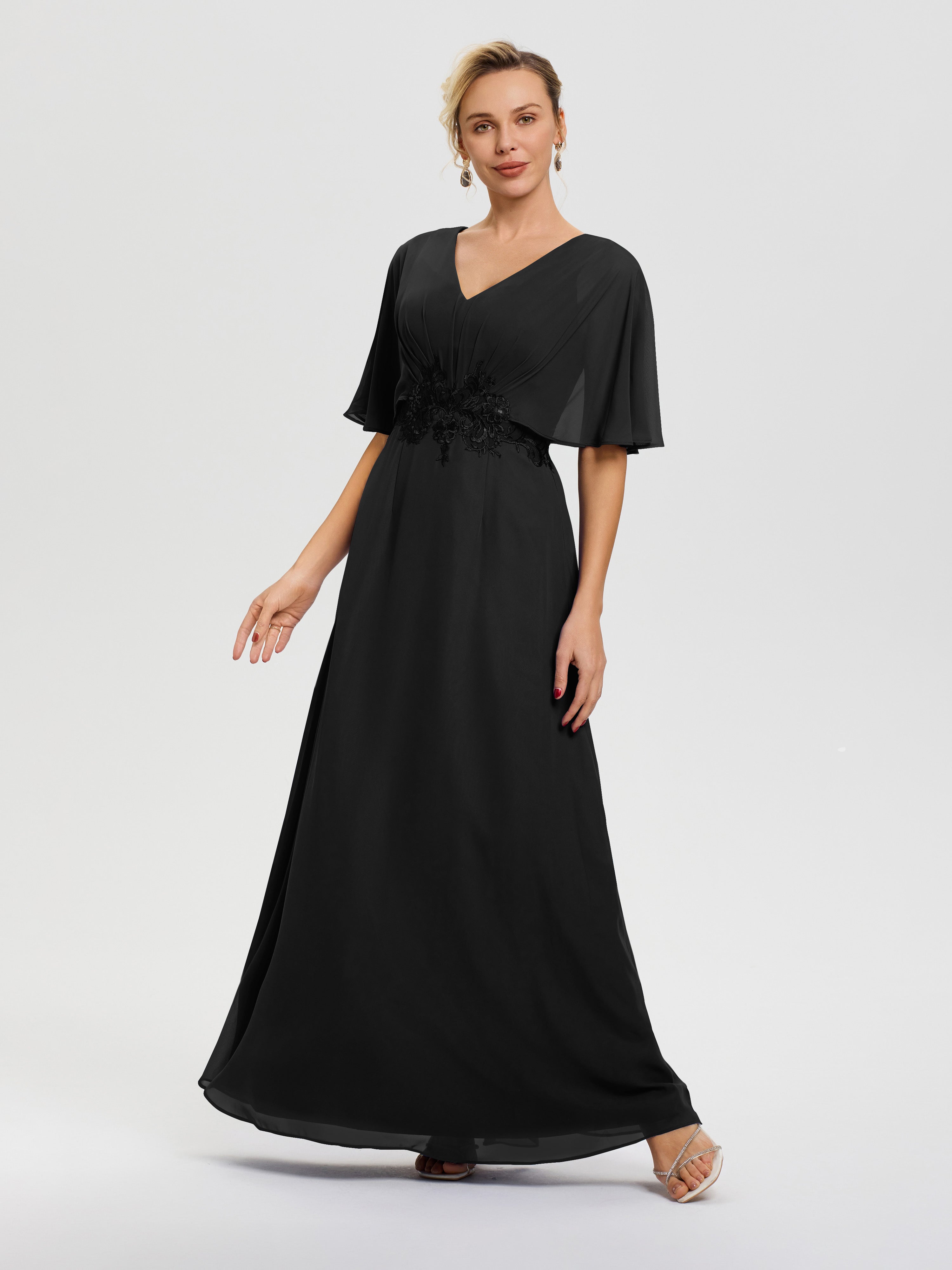 Robe Mariage Mère Du Marié Noir Mousseline & Dentelle Col V Robe Mère De La Mariée