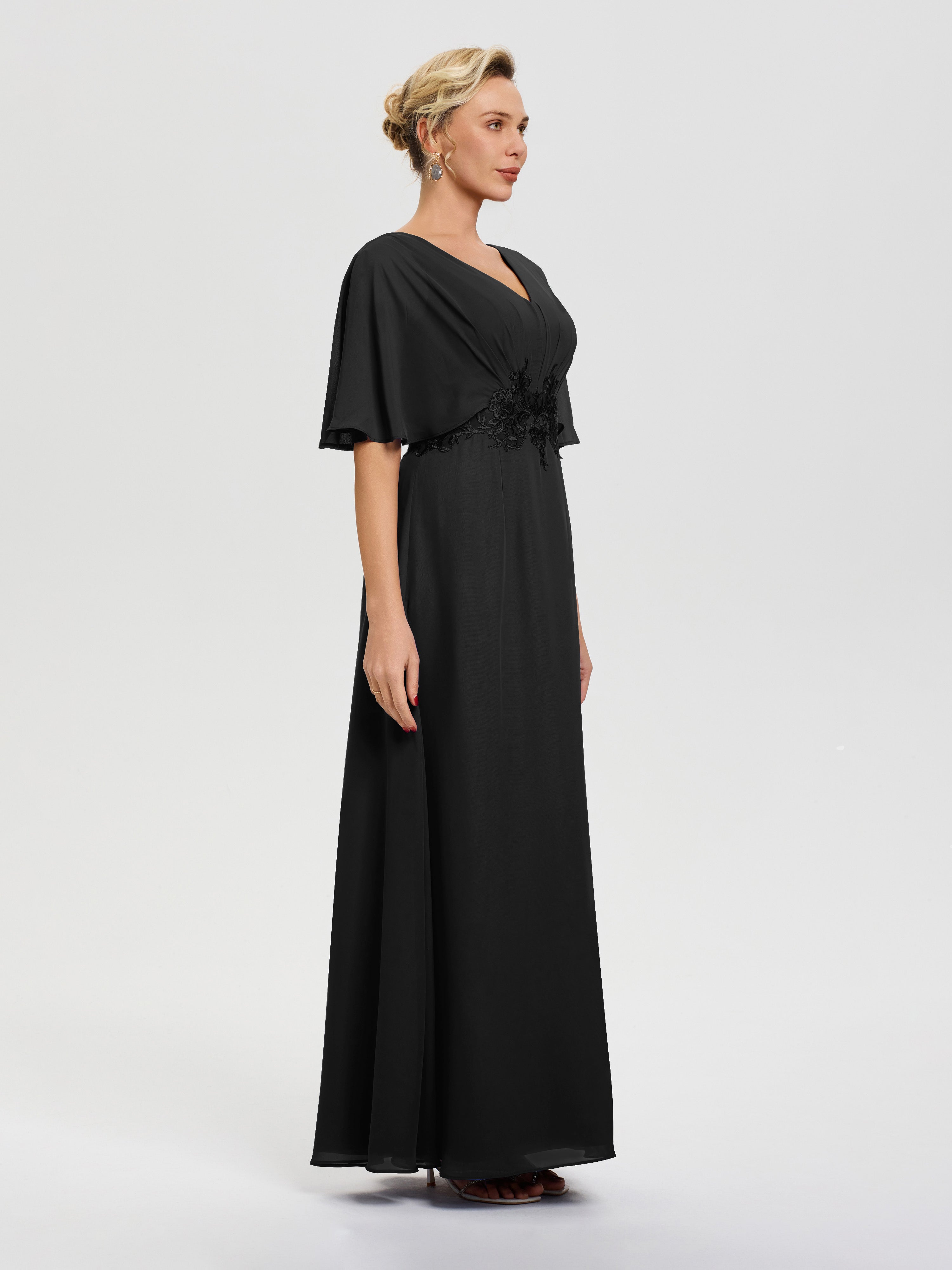 Robe Mariage Mère Du Marié Noir Mousseline & Dentelle Col V Robe Mère De La Mariée