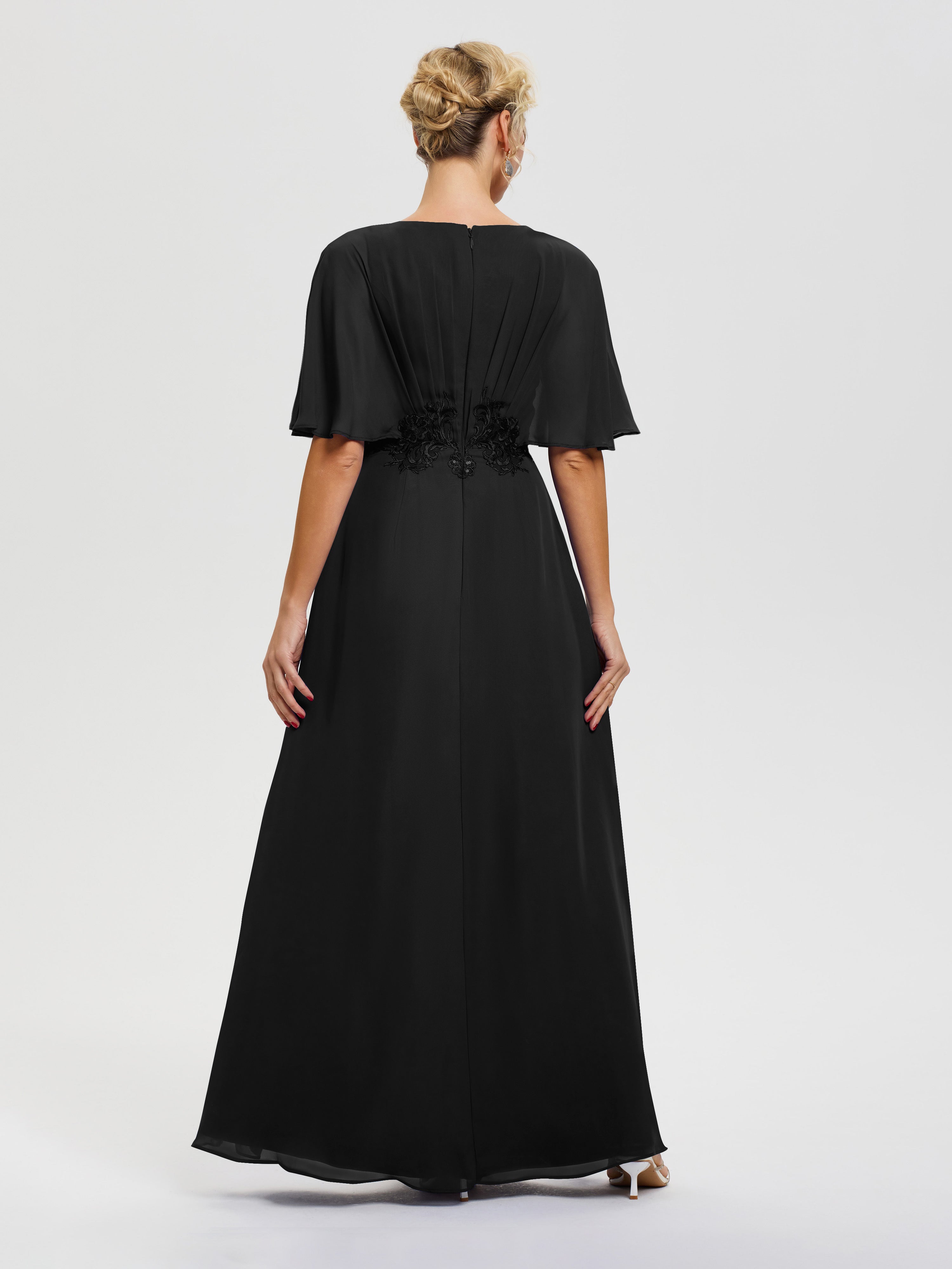 Robe Mariage Mère Du Marié Noir Mousseline & Dentelle Col V Robe Mère De La Mariée