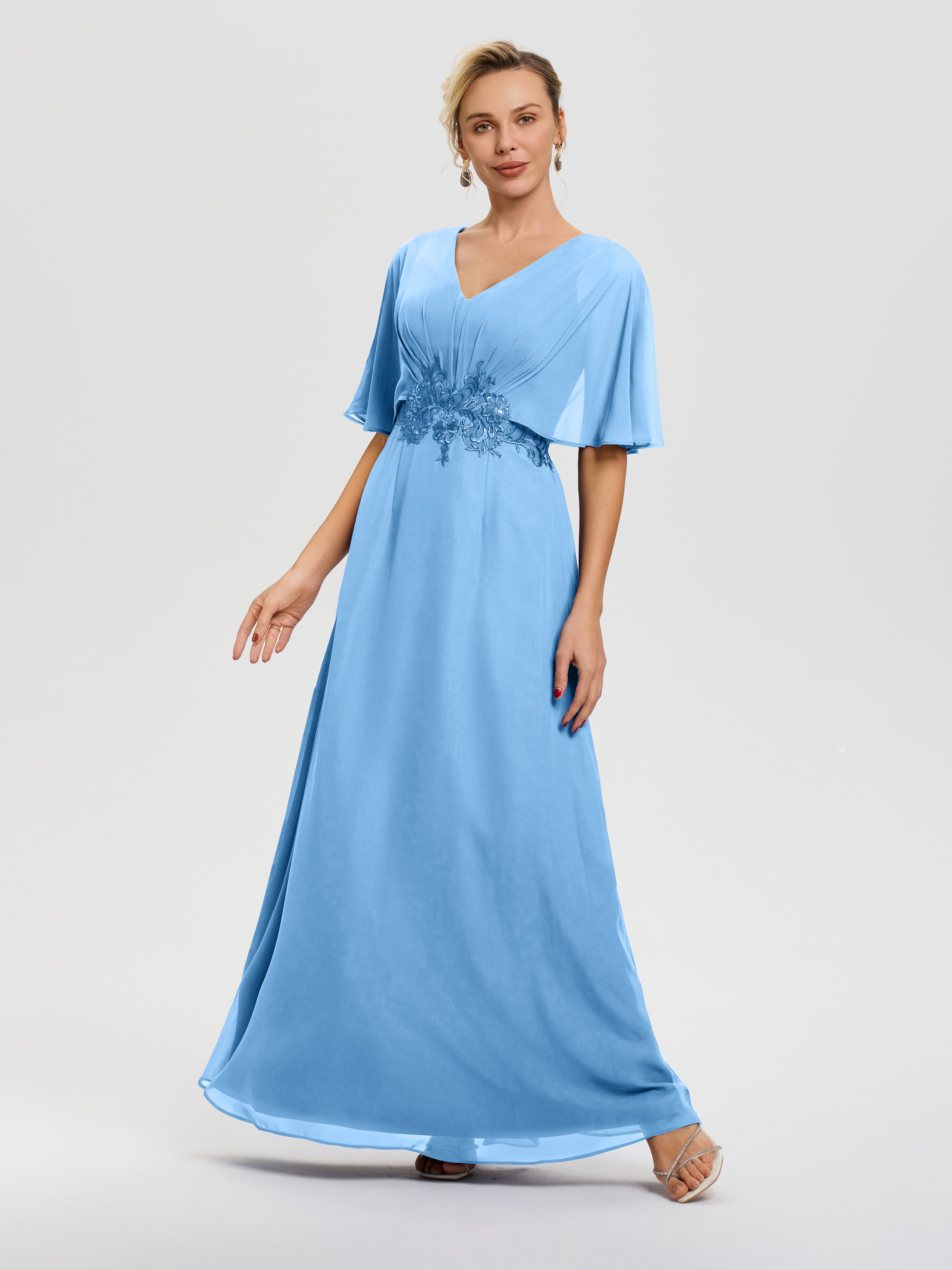 Robe Mère De La Mariée Bleu Mousseline & Dentelle Col V Robe Mère De La Mariée