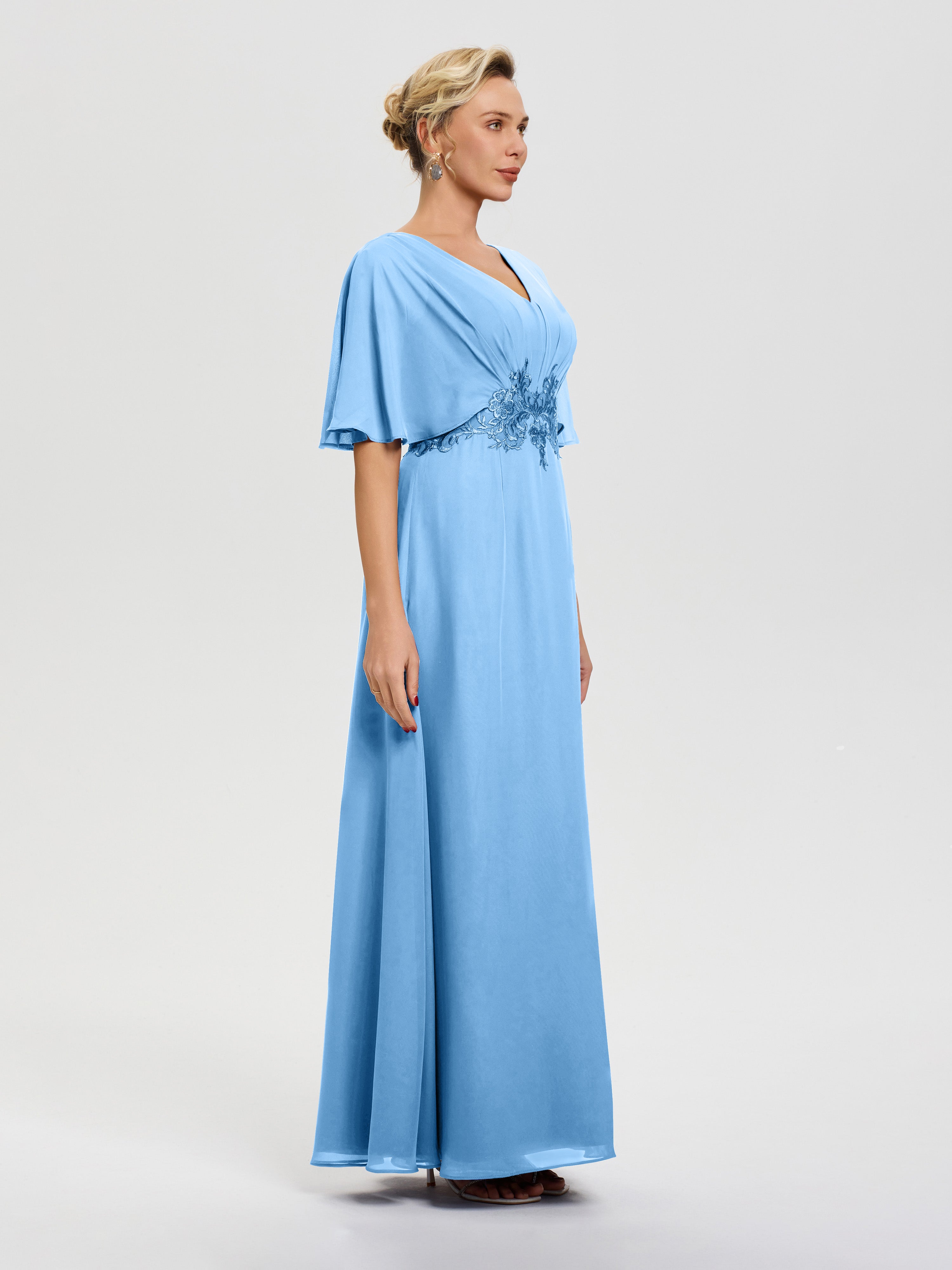 Robe Mère De La Mariée Bleu Mousseline & Dentelle Col V Robe Mère De La Mariée