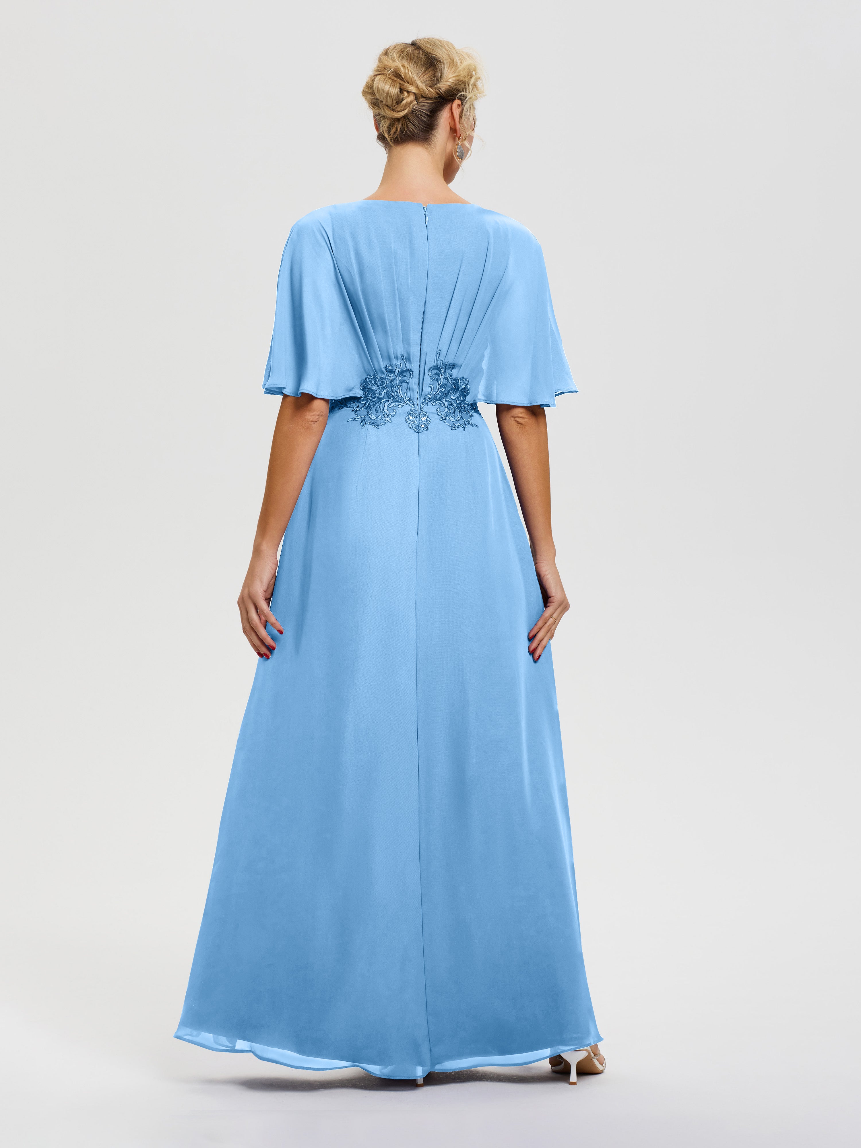 Robe Mère De La Mariée Bleu Mousseline & Dentelle Col V Robe Mère De La Mariée