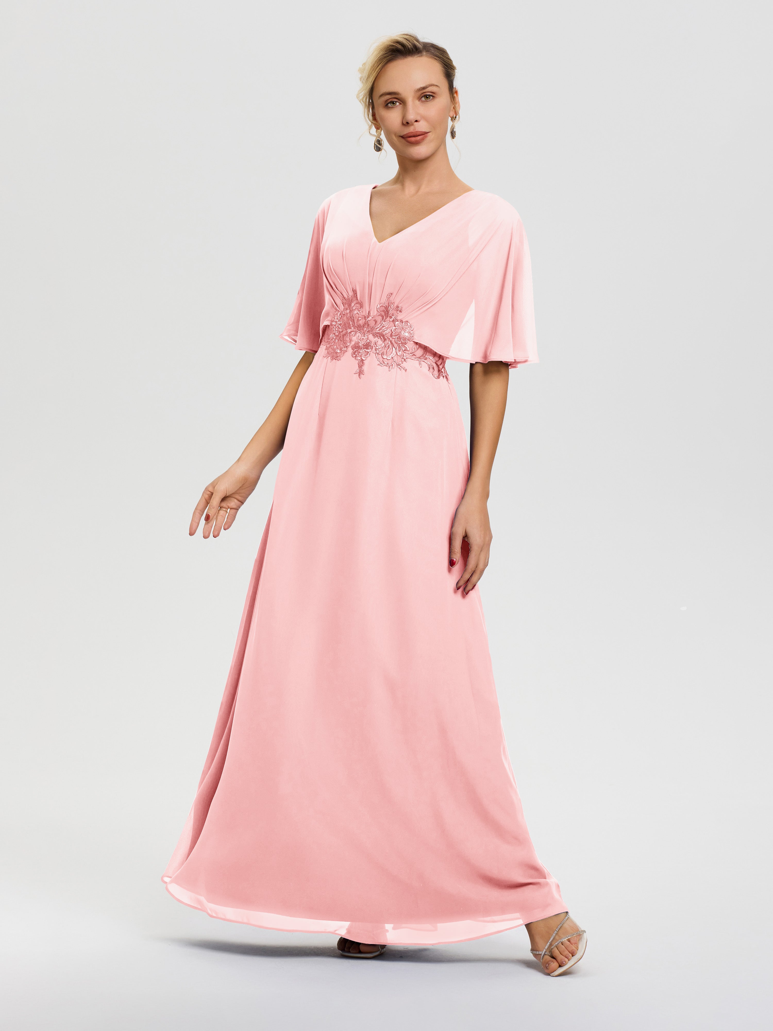 Robe Mere De La Mariee Rose Mousseline & Dentelle Col V Robe Mère De La Mariée