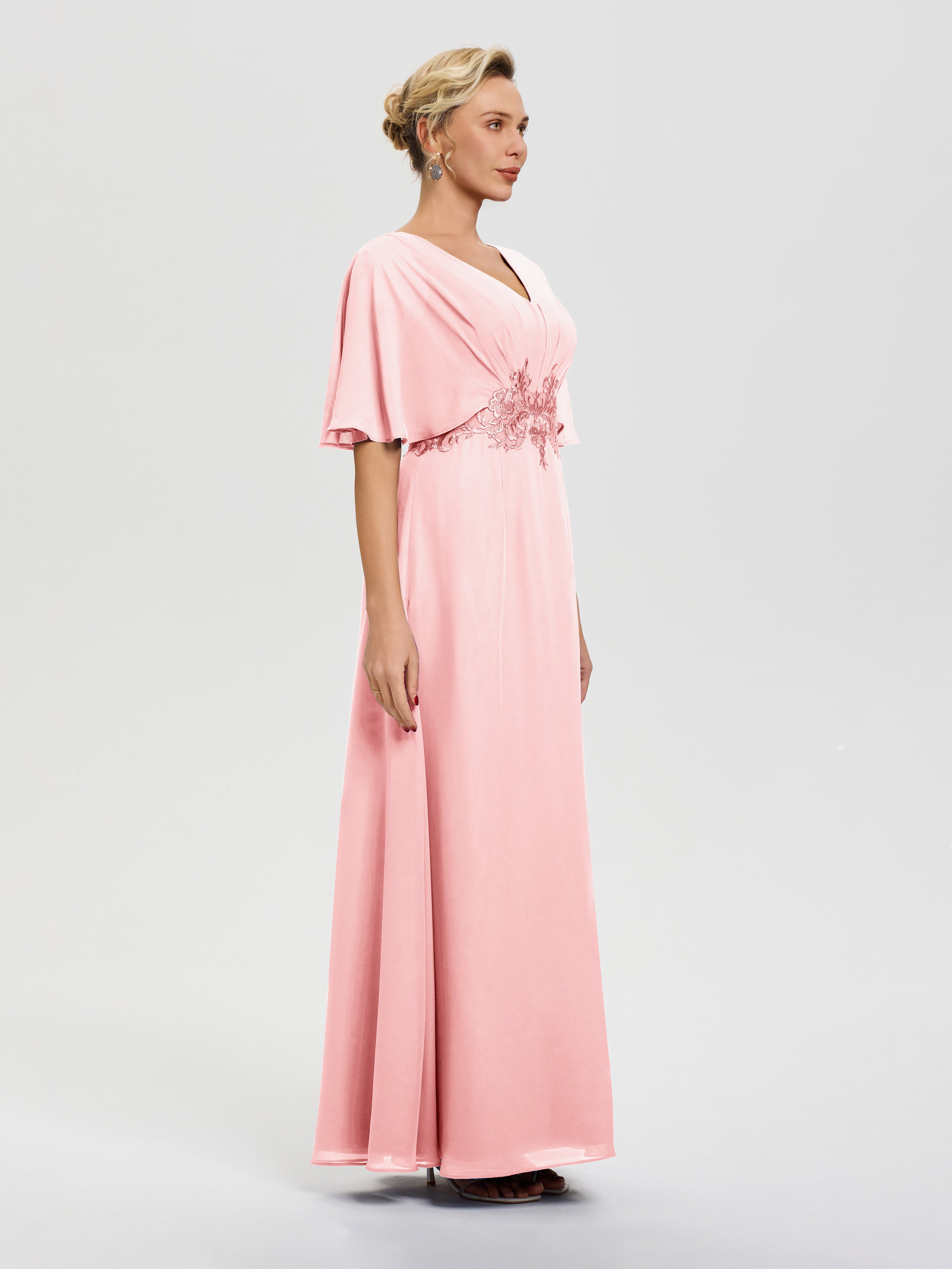 Robe Mere De La Mariee Rose Mousseline & Dentelle Col V Robe Mère De La Mariée