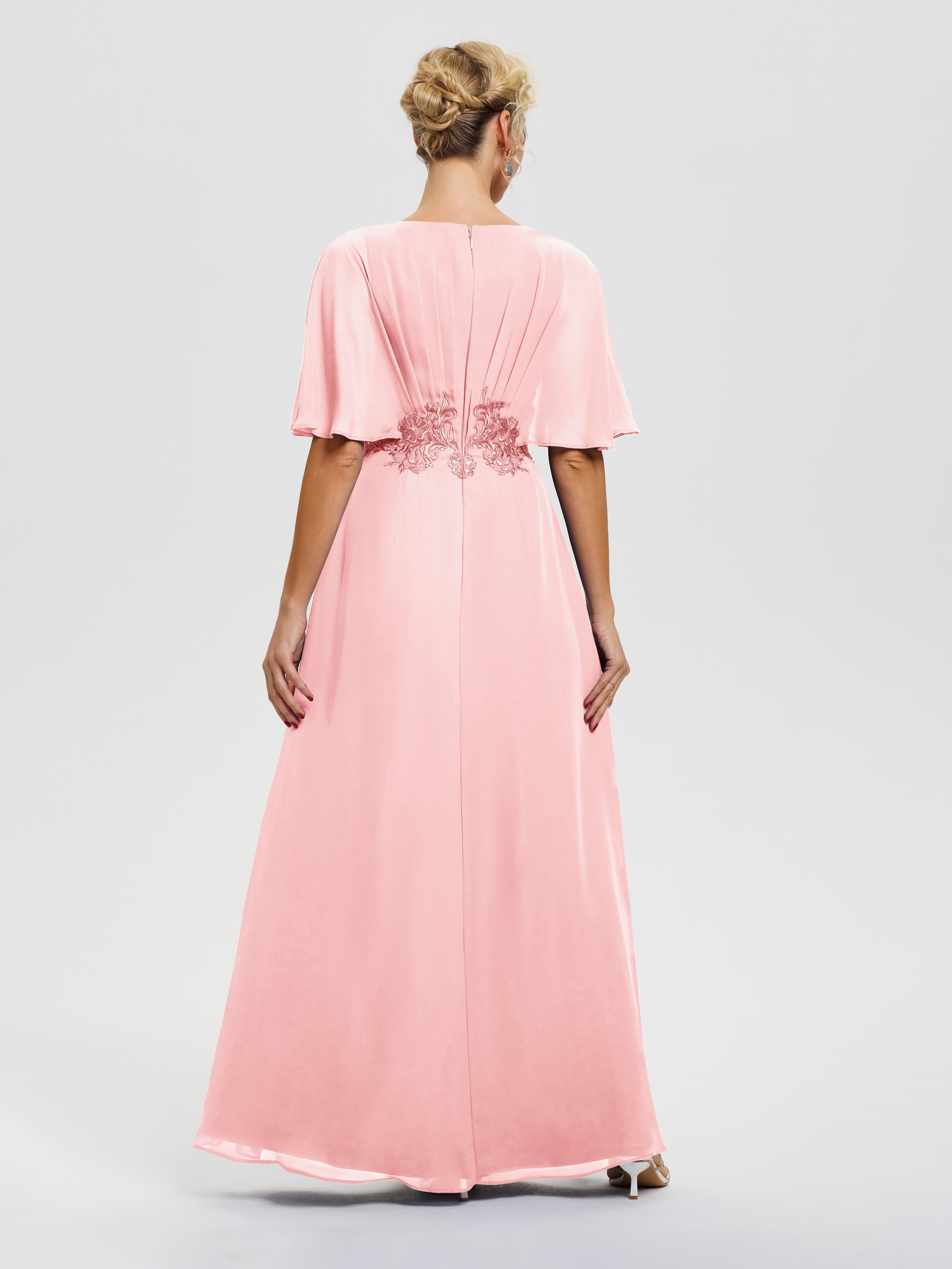 Robe Mere De La Mariee Rose Mousseline & Dentelle Col V Robe Mère De La Mariée