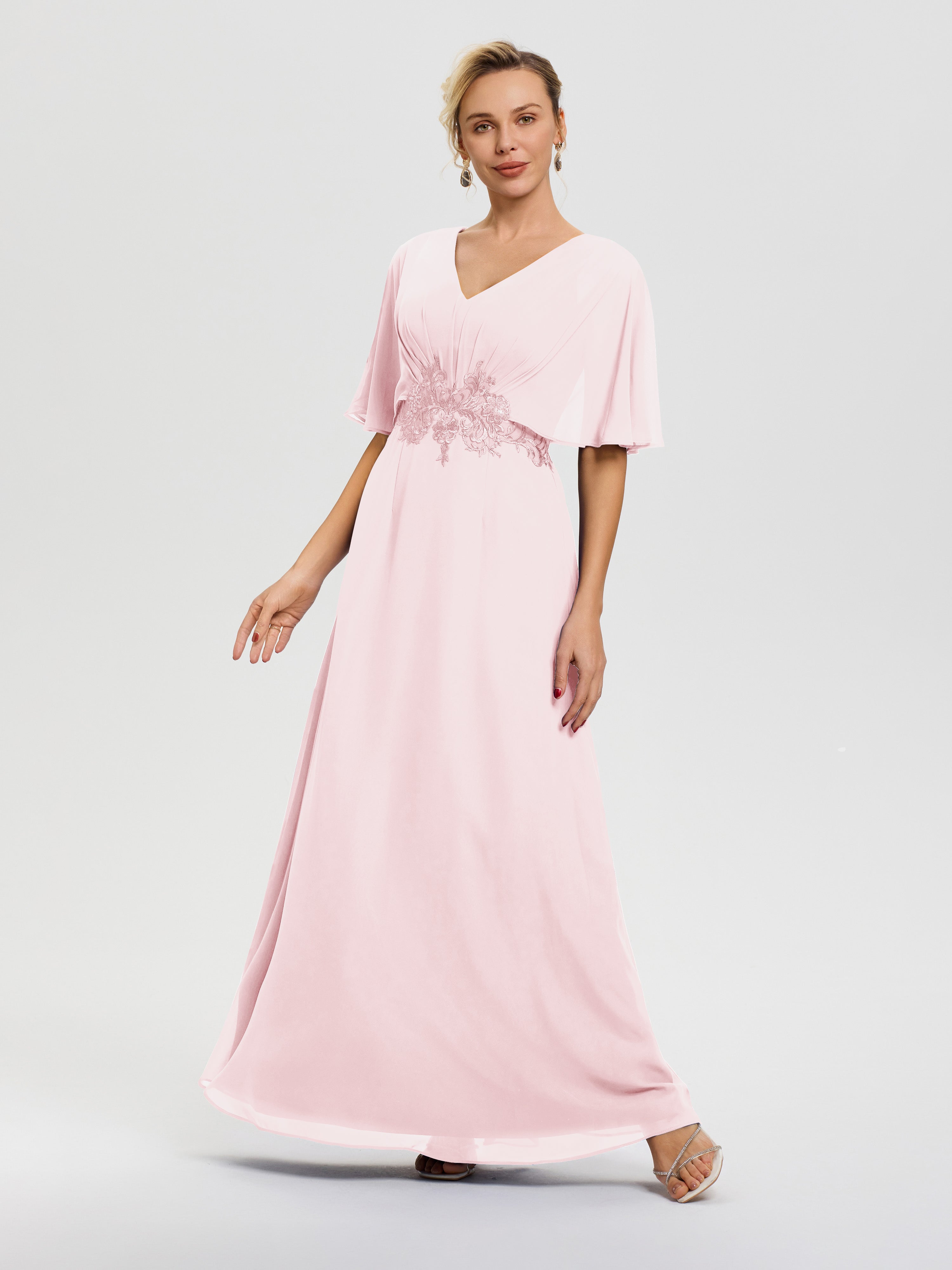 Robe Mère De La Mariee Rose Pâle Mousseline & Dentelle Col V Robe Mère De La Mariée