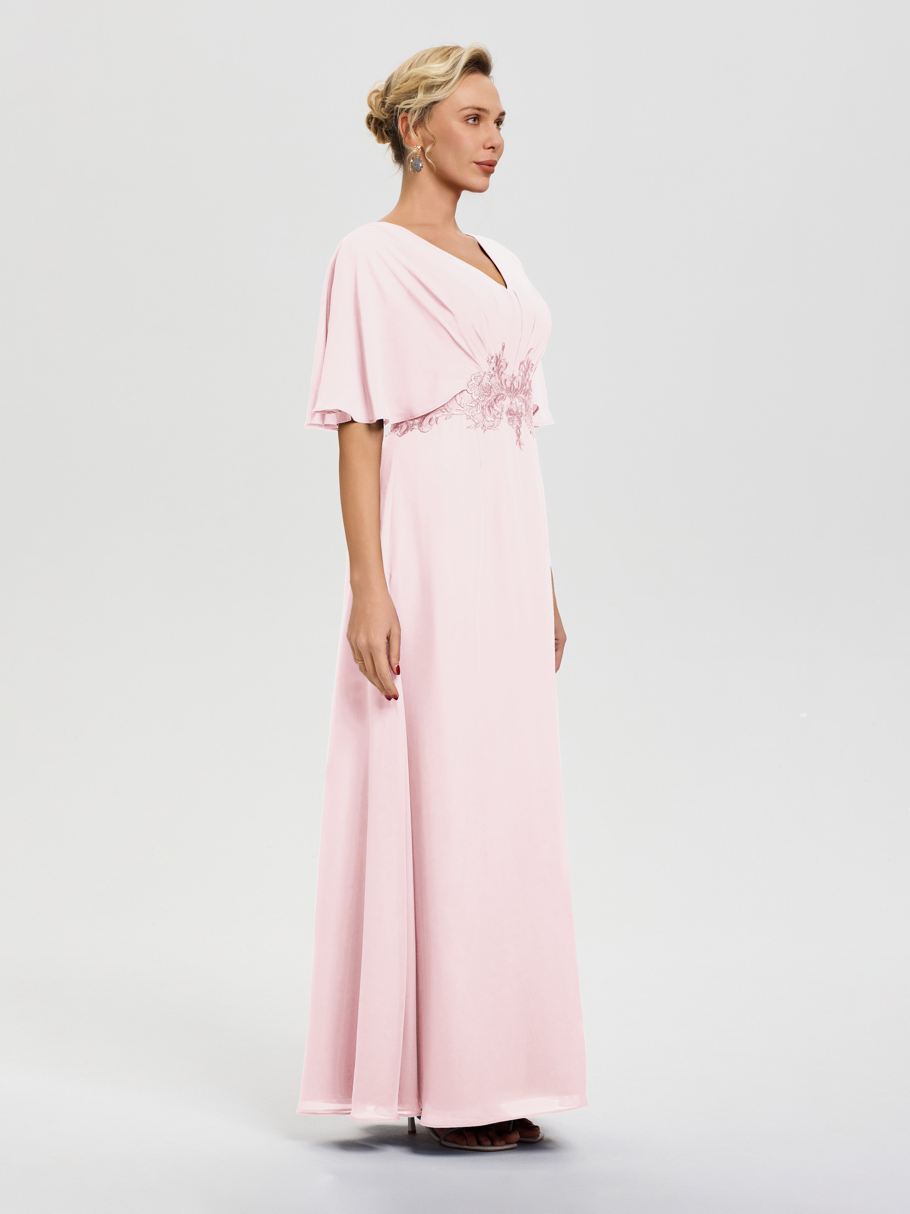 Robe Mère De La Mariee Rose Pâle Mousseline & Dentelle Col V Robe Mère De La Mariée