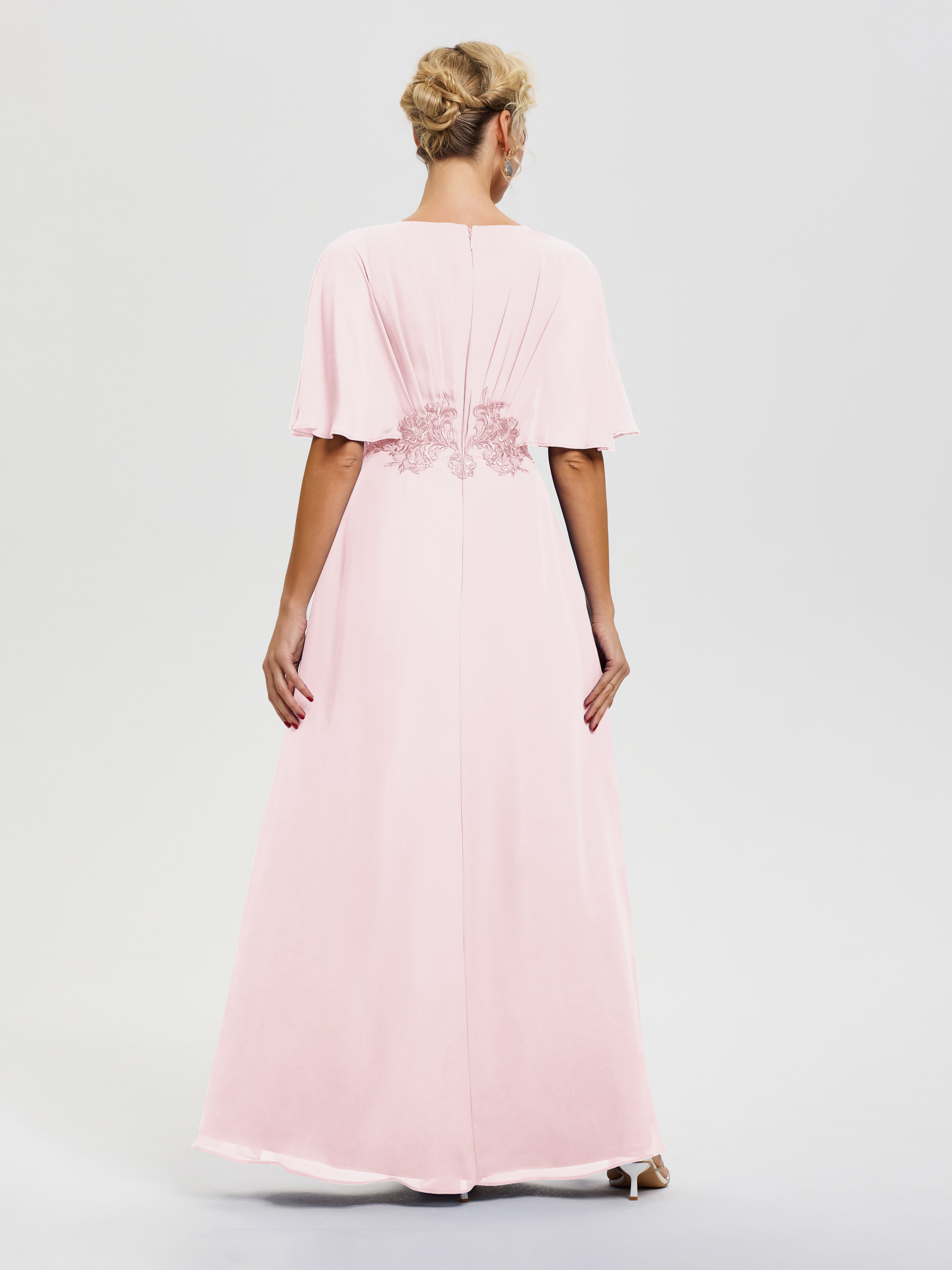Robe Mère De La Mariee Rose Pâle Mousseline & Dentelle Col V Robe Mère De La Mariée