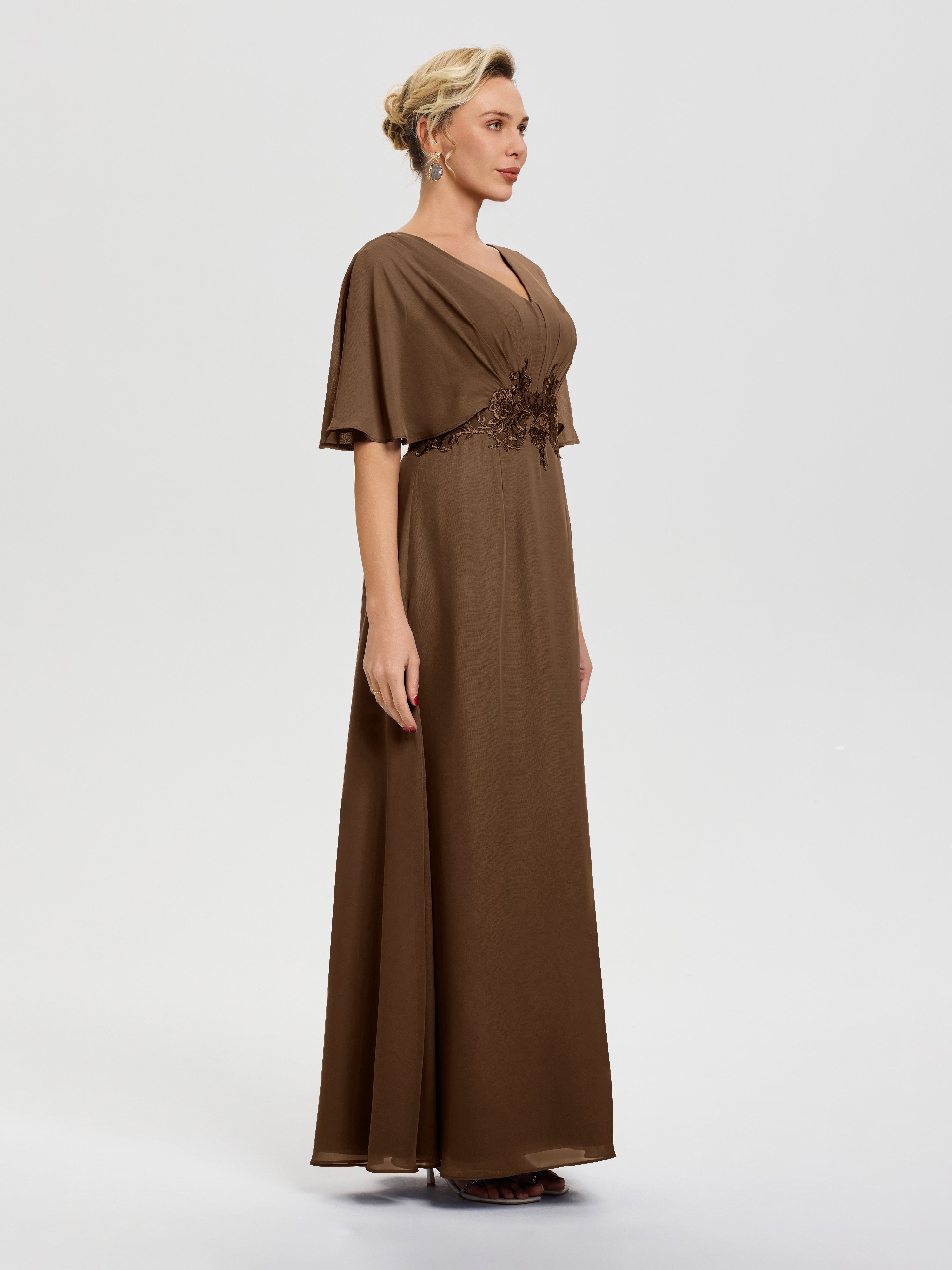 Robe Mère De La Mariée Moderne Brun Mousseline & Dentelle Col V Robe Mère De La Mariée