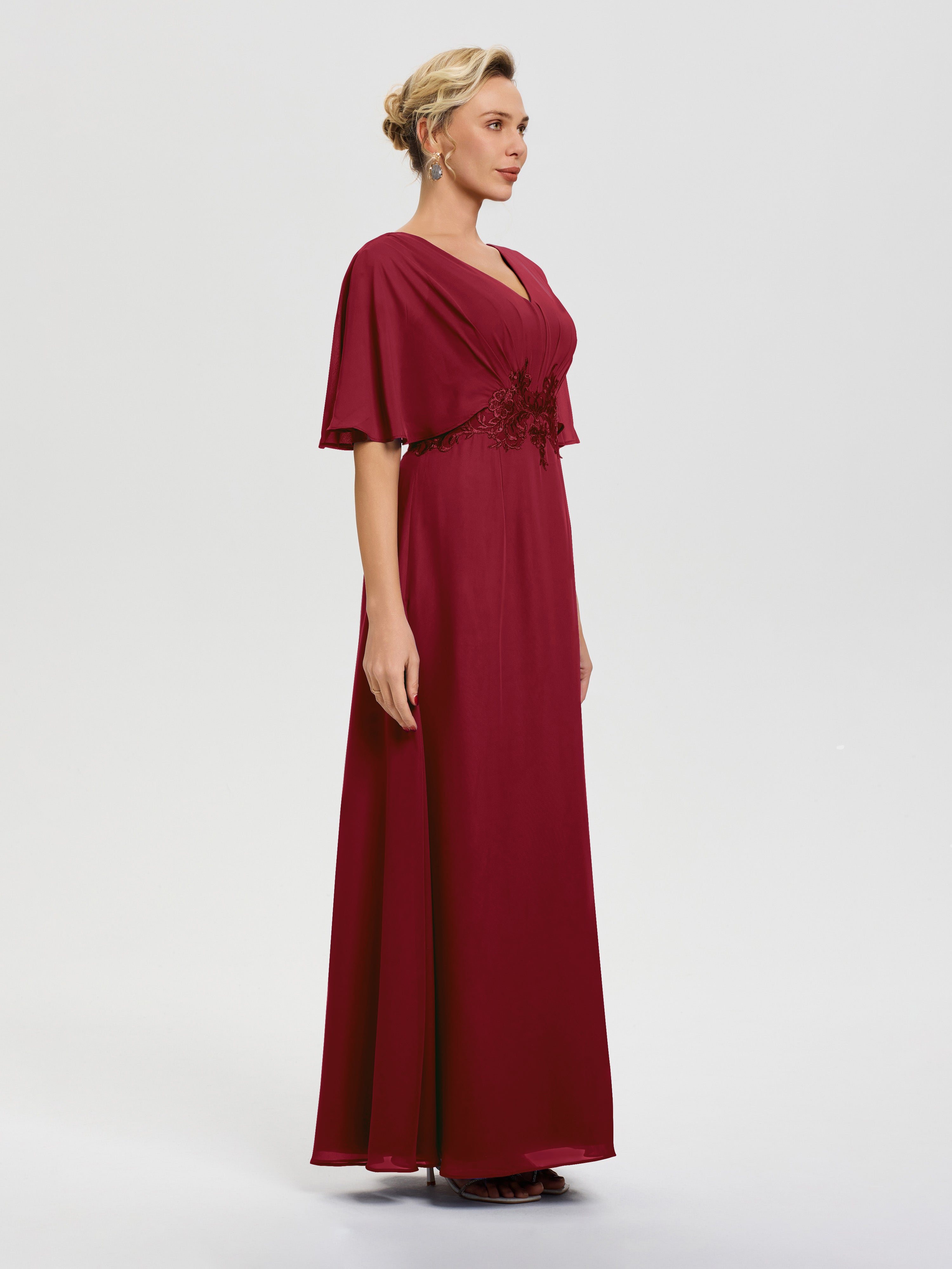 Robe Mère De La Mariée Bordeaux Mousseline & Dentelle Col V Robe Mère De La Mariée