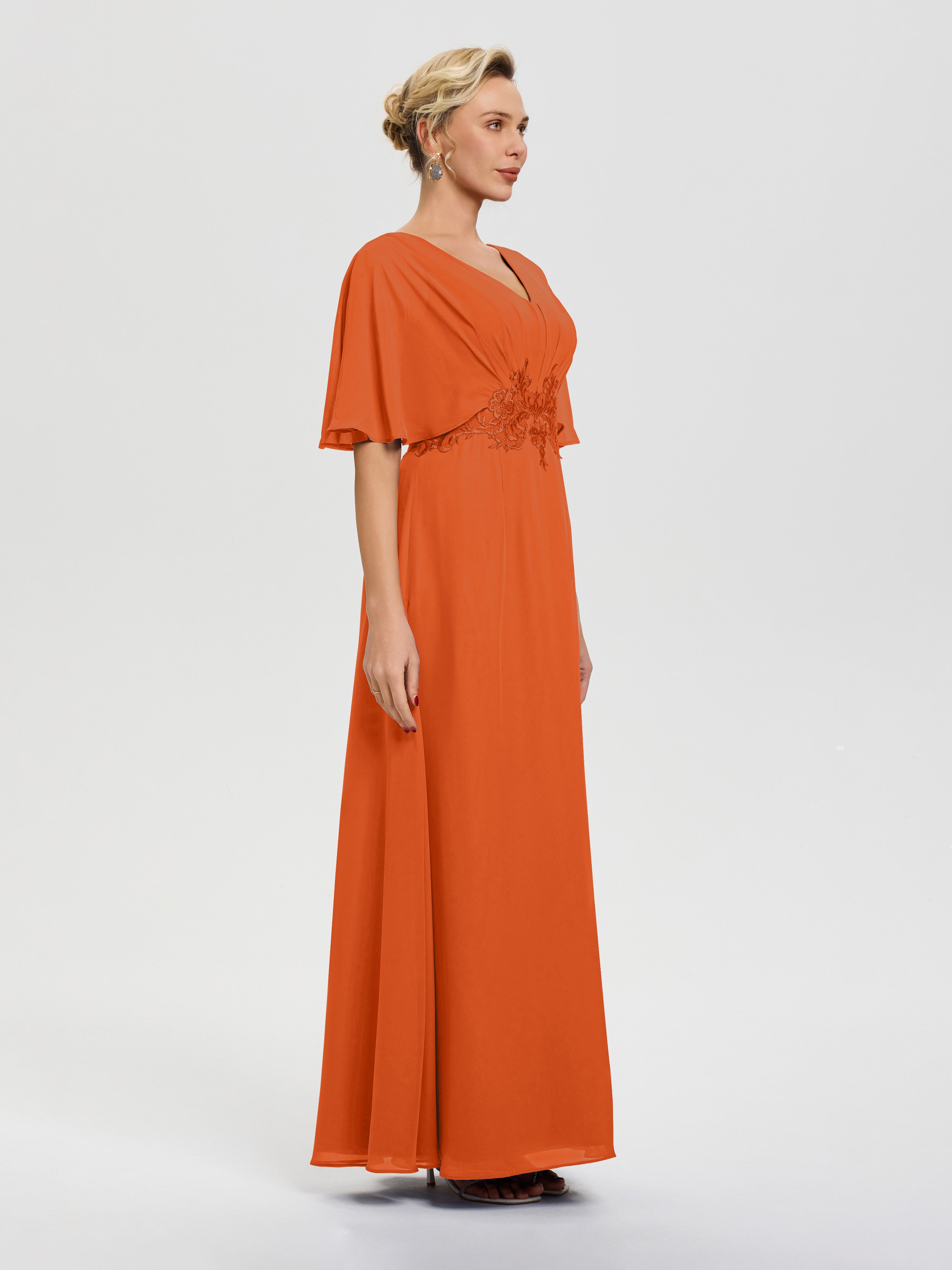 Robe Mariage Mère De La Mariée Orange Brûlé Mousseline & Dentelle Col V Robe Mère De La Mariée
