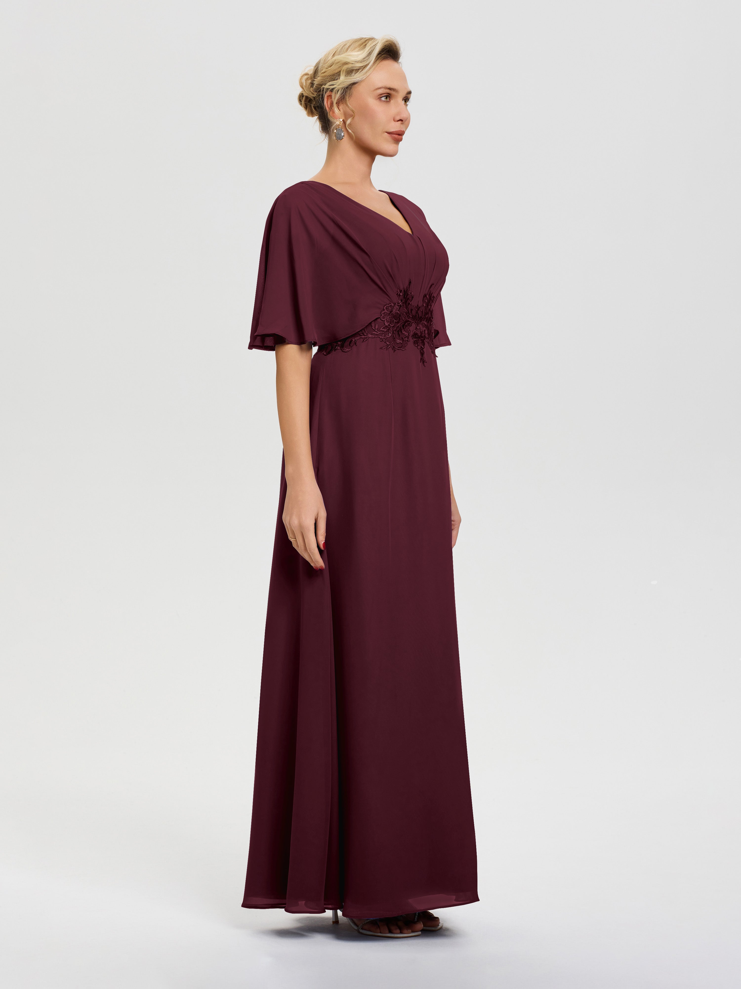 Robe Mère De La Mariée Moderne Cabernet Mousseline & Dentelle Col V Robe Mère De La Mariée