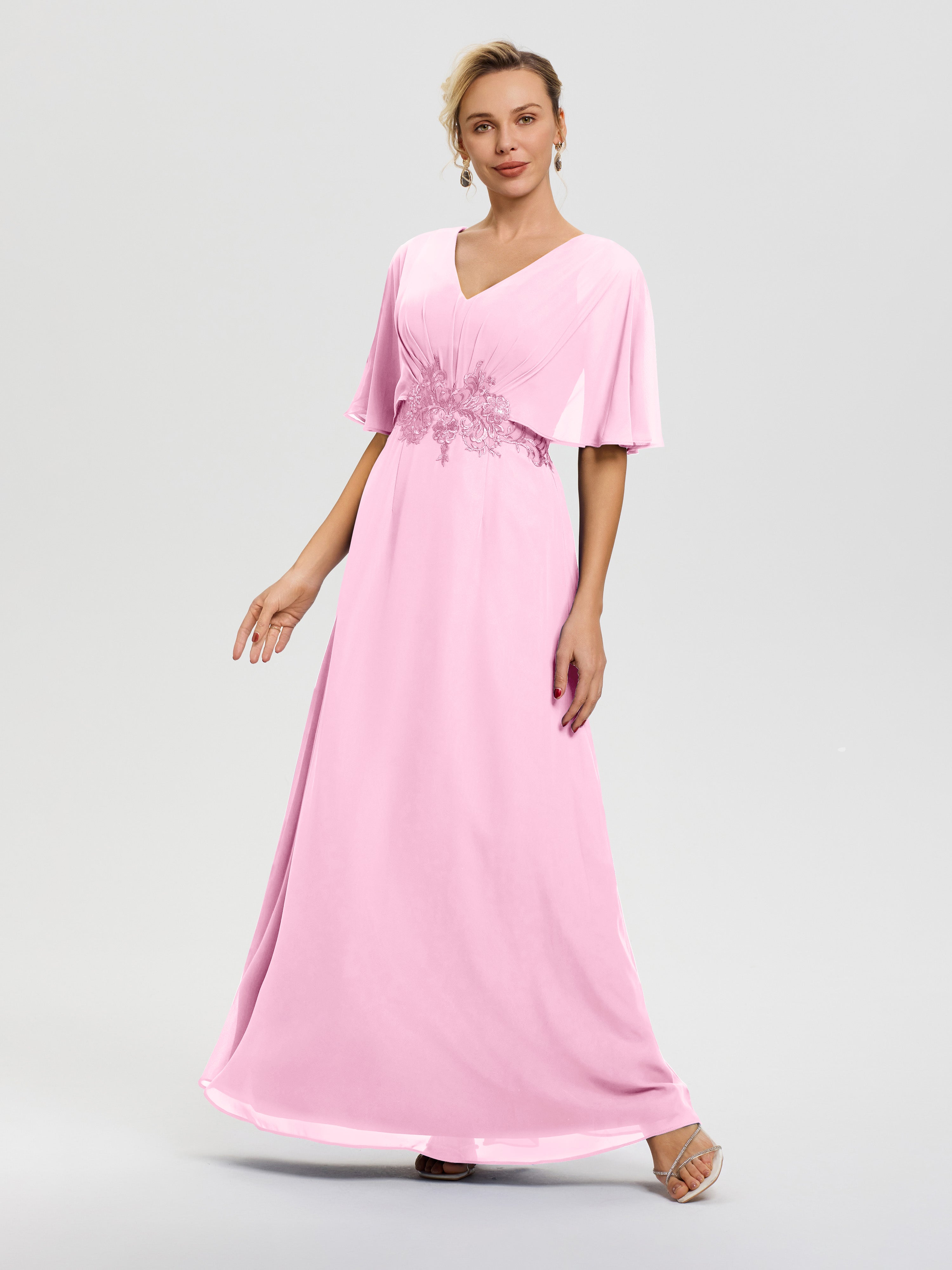 Robe Mère De La Mariee Rose Bonbon Mousseline & Dentelle Col V Robe Mère De La Mariée