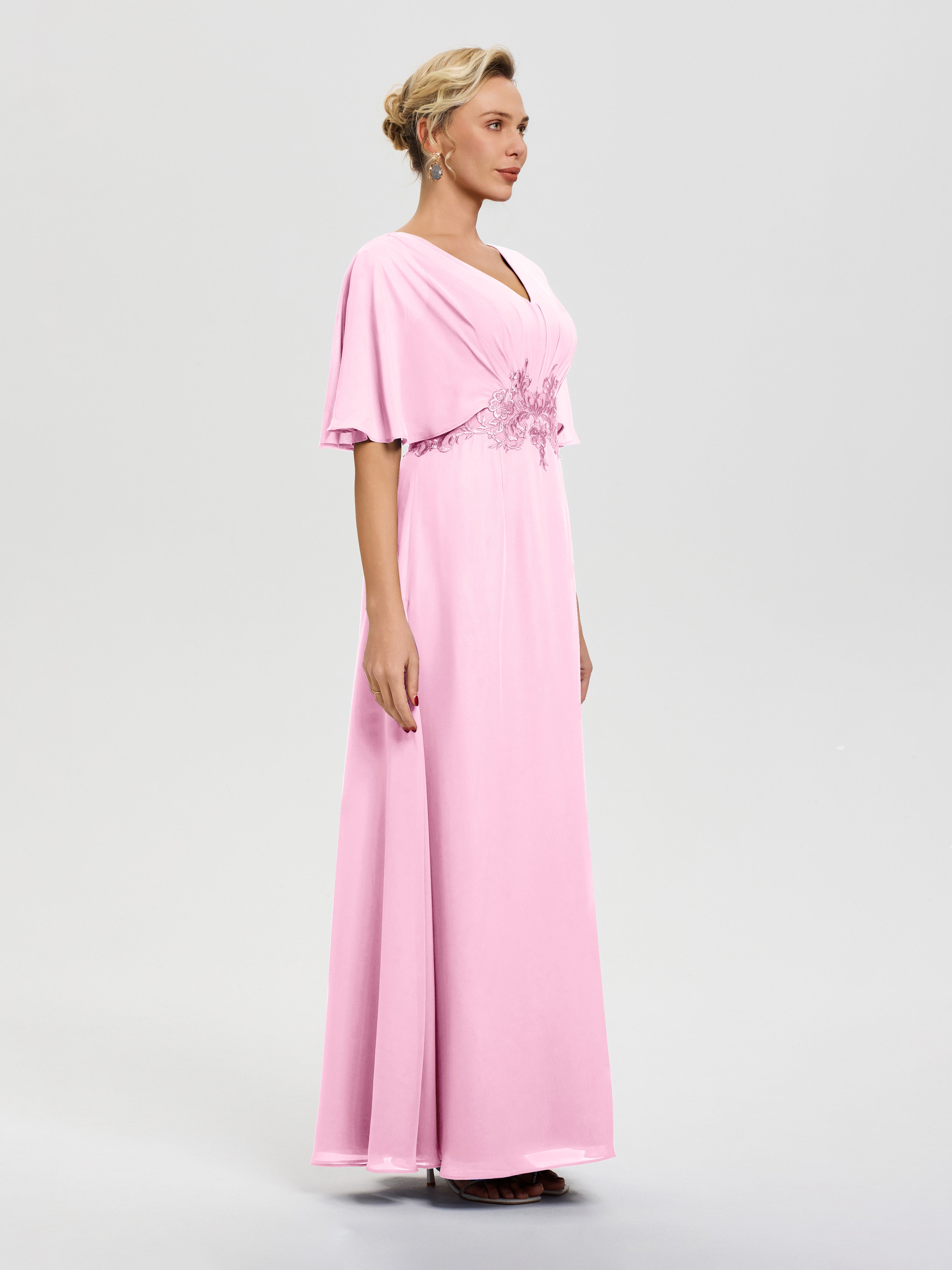 Robe Mère De La Mariee Rose Bonbon Mousseline & Dentelle Col V Robe Mère De La Mariée