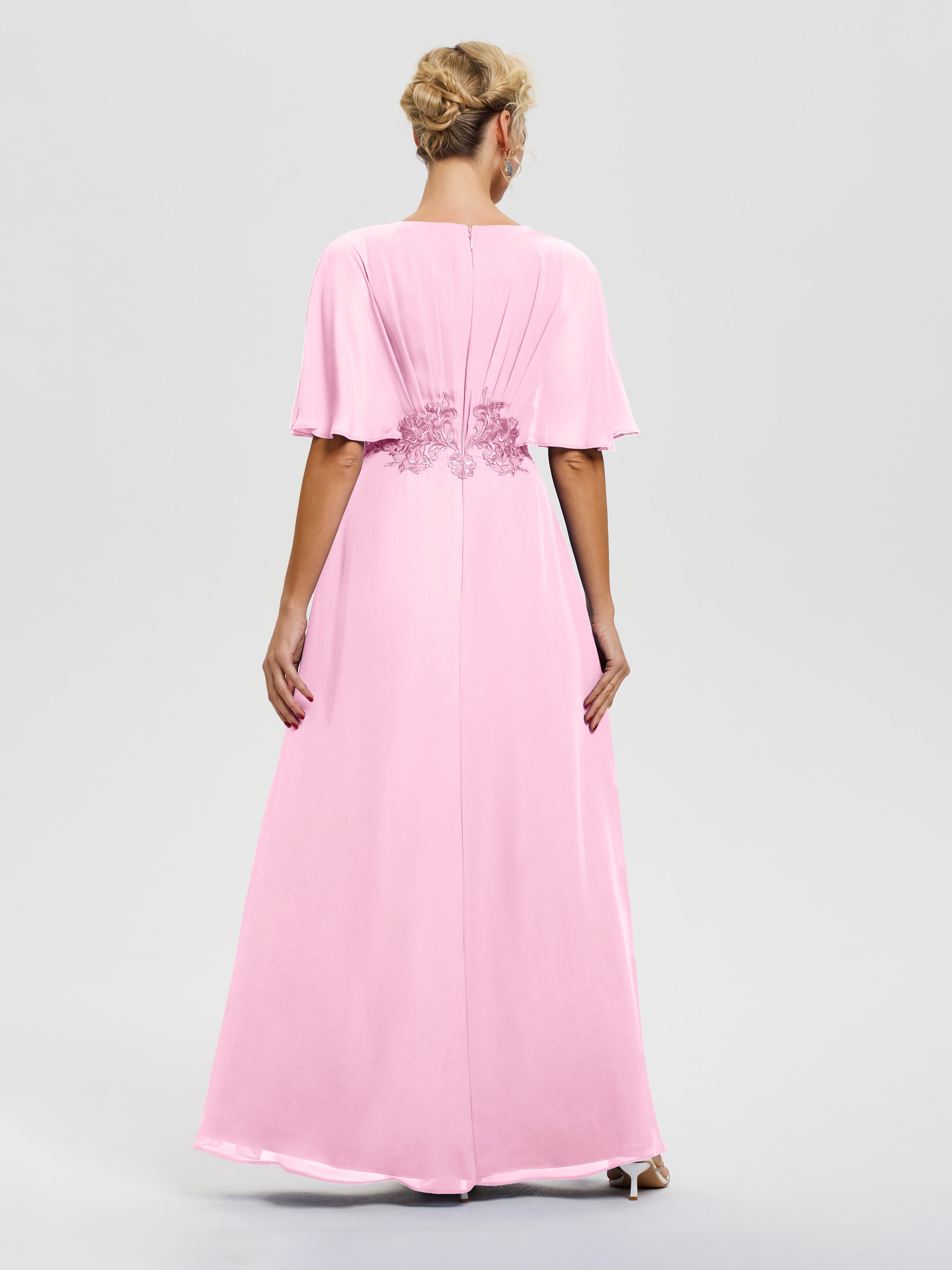 Robe Mère De La Mariee Rose Bonbon Mousseline & Dentelle Col V Robe Mère De La Mariée