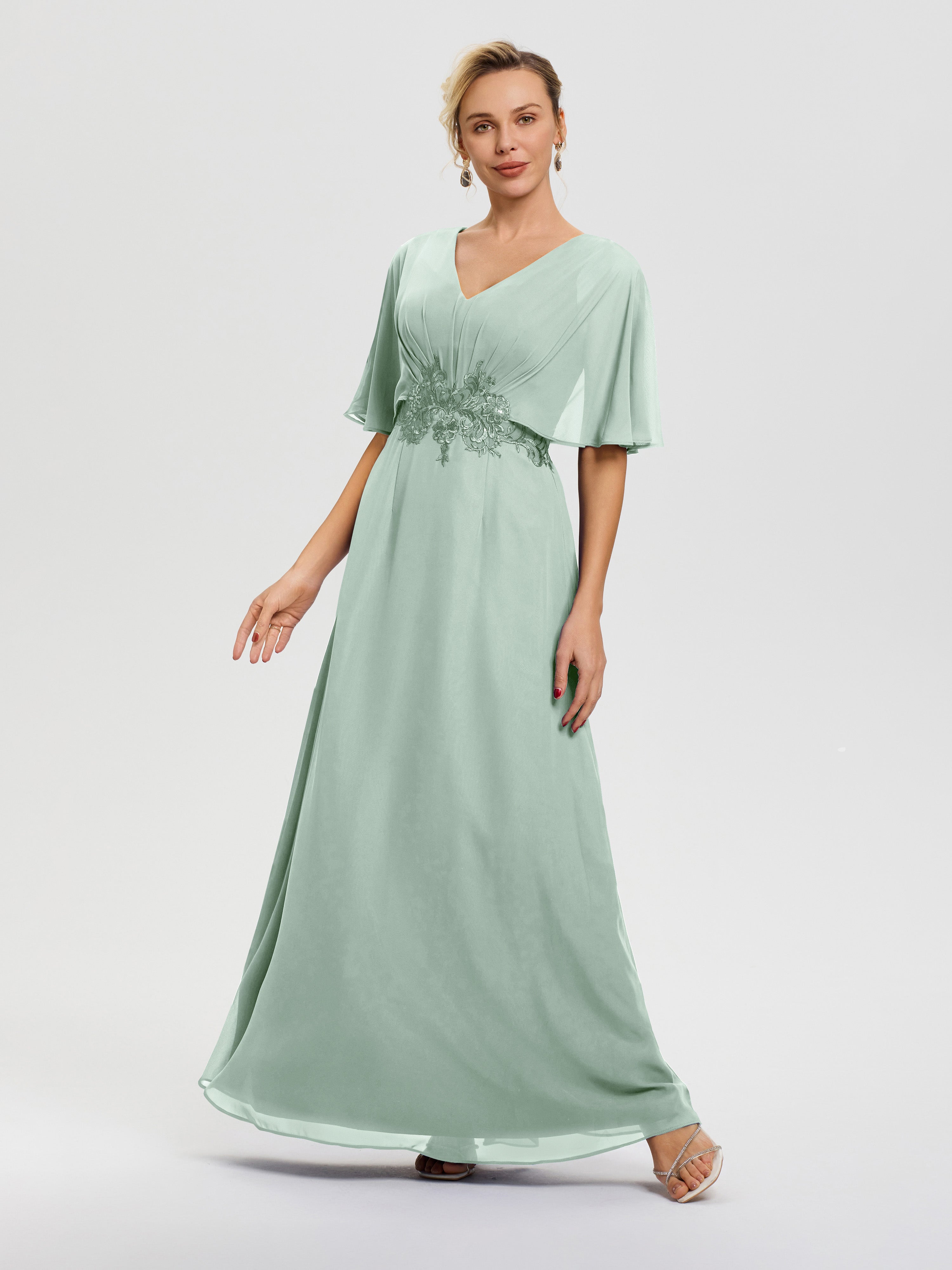 Robe Mère De La Mariée Moderne Celadon Mousseline & Dentelle Col V Robe Mère De La Mariée