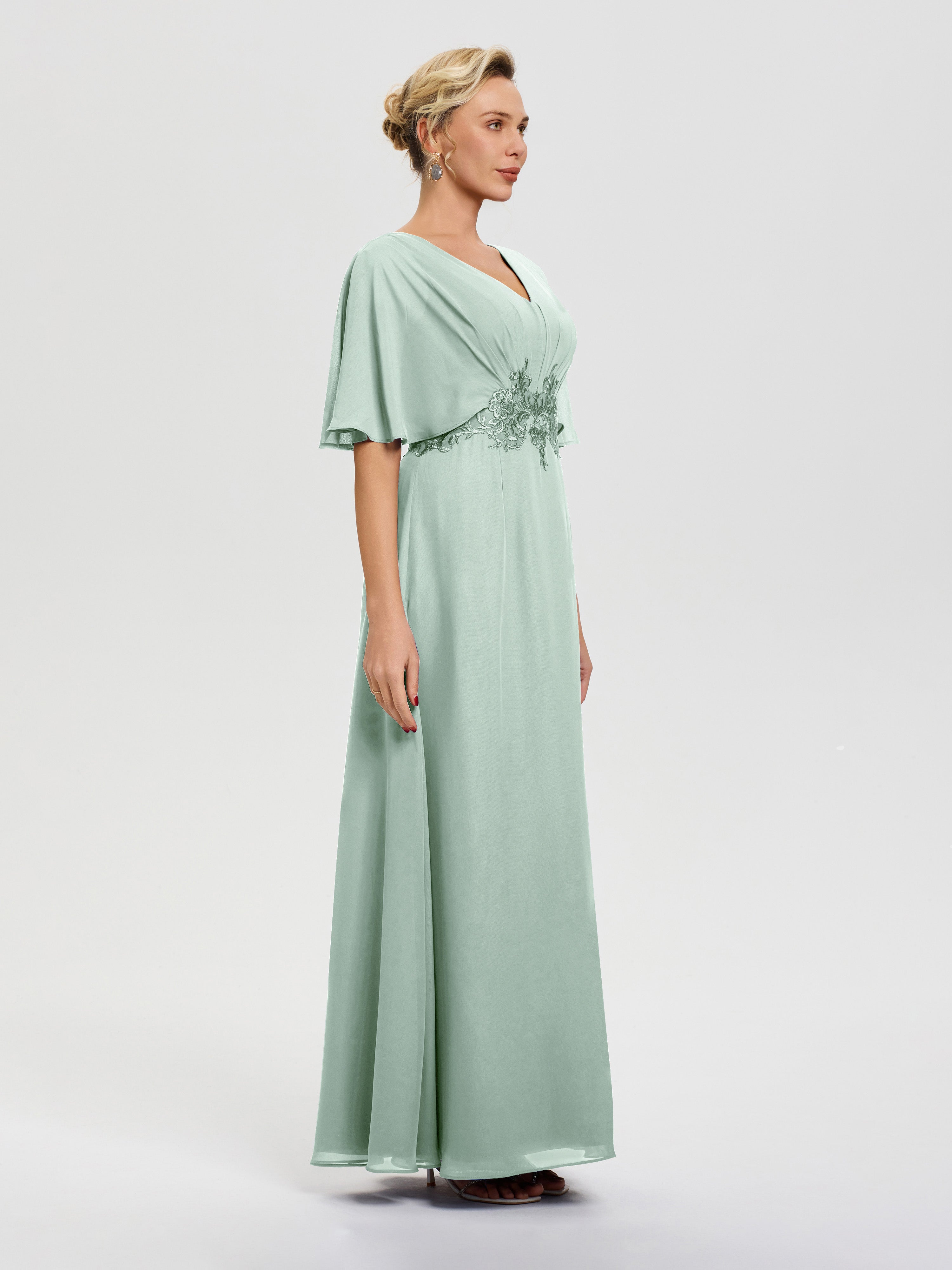 Robe Mère De La Mariée Moderne Celadon Mousseline & Dentelle Col V Robe Mère De La Mariée